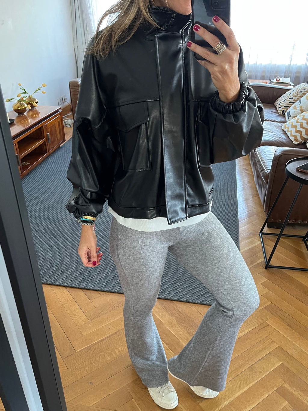 Black Funnel Neck Leather Jacket