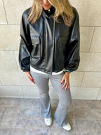 Black Funnel Neck Leather Jacket