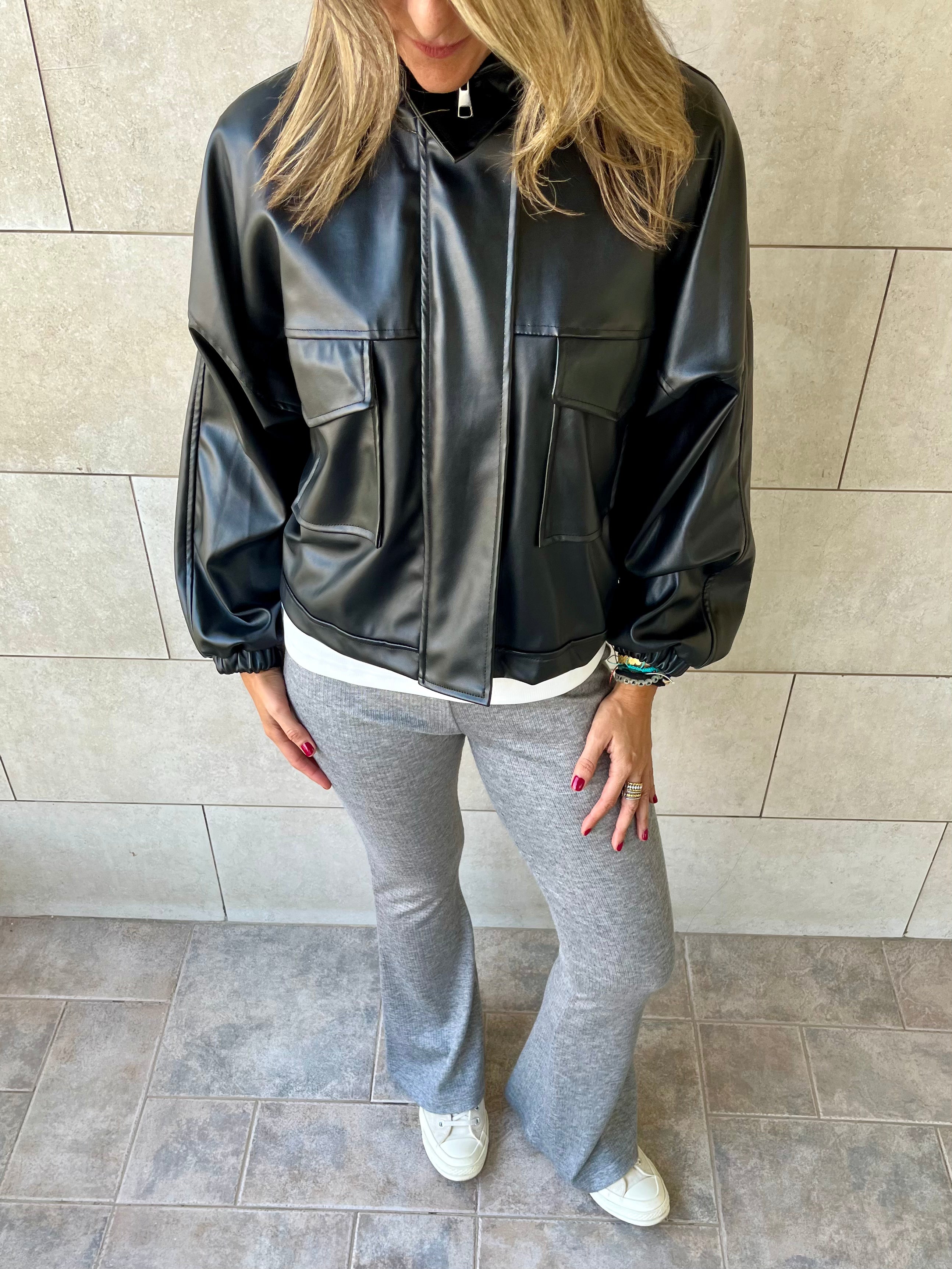 Black Funnel Neck Leather Jacket