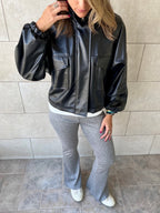 Black Funnel Neck Leather Jacket