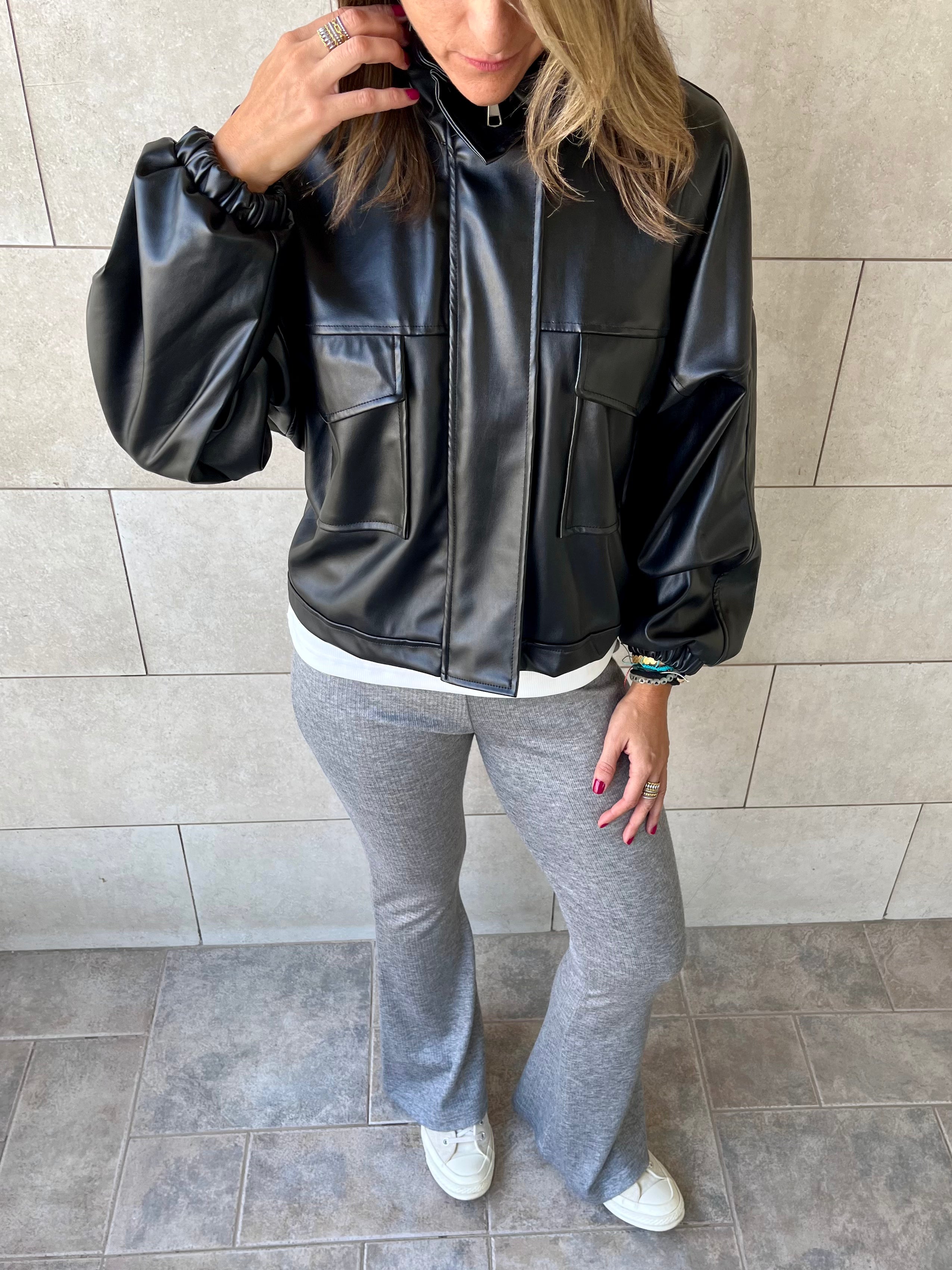 Black Funnel Neck Leather Jacket