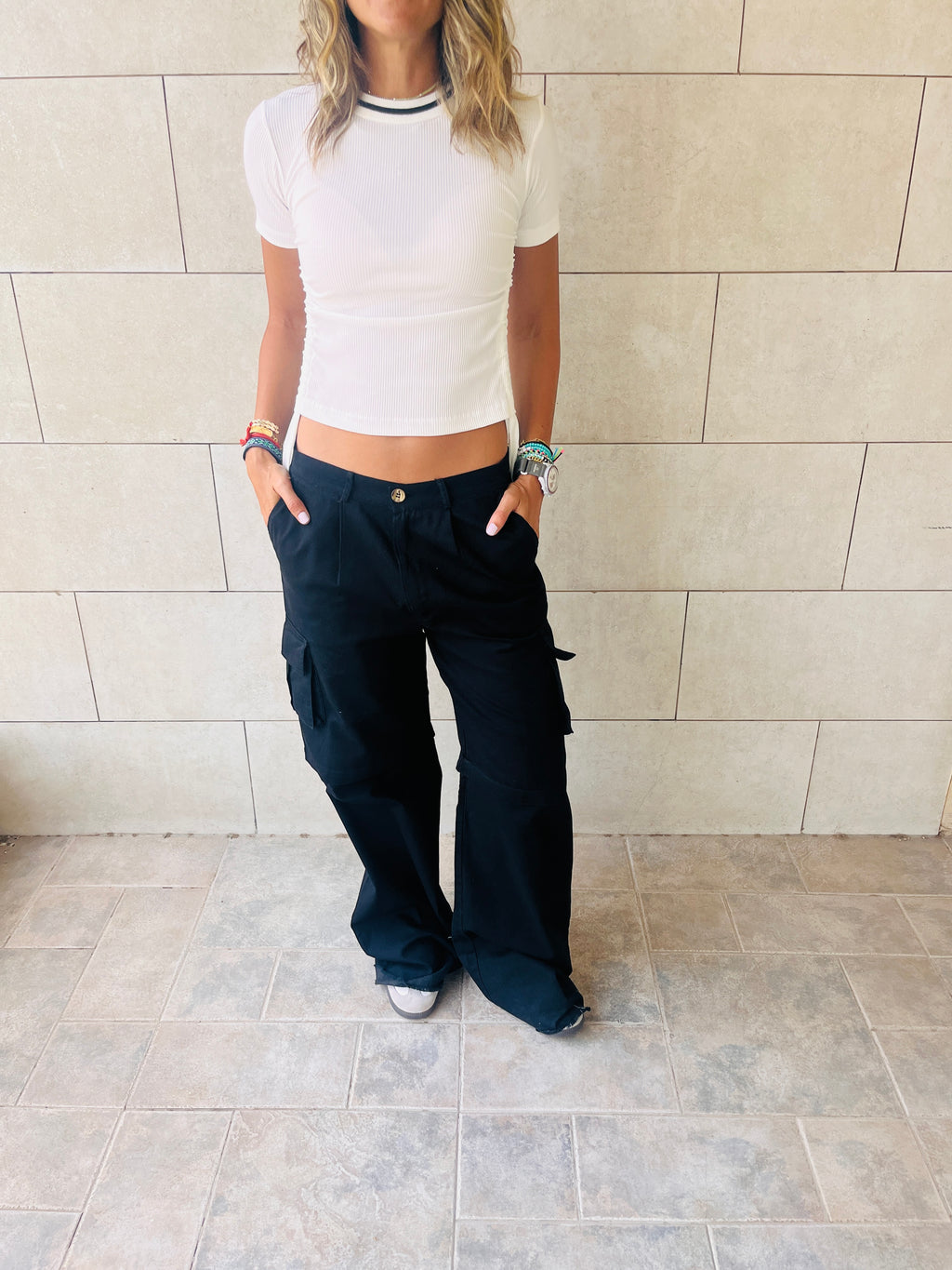 White Ribbed Side Tie Stripe Top