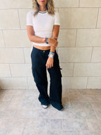 White Ribbed Side Tie Stripe Top