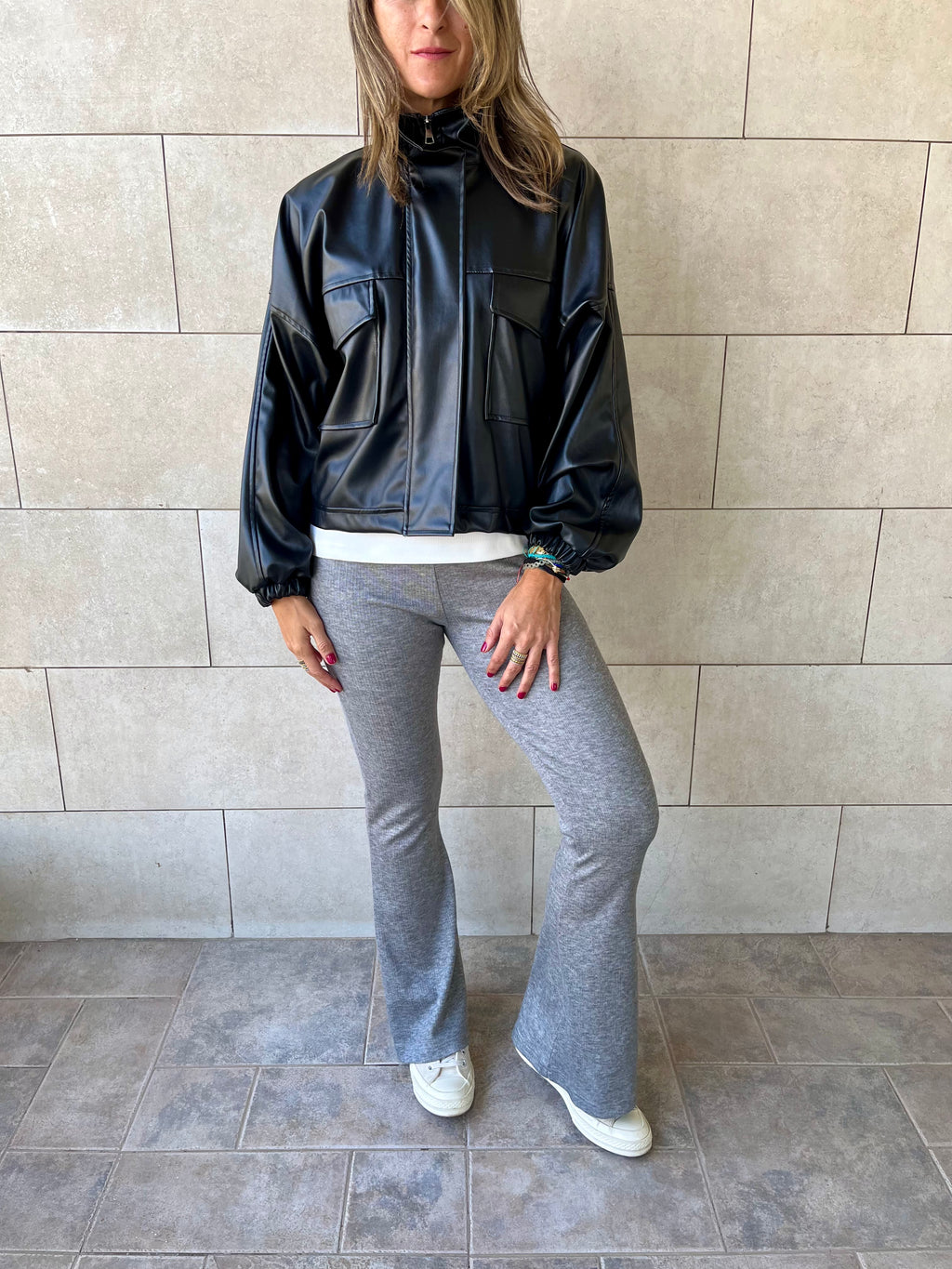 Black Funnel Neck Leather Jacket