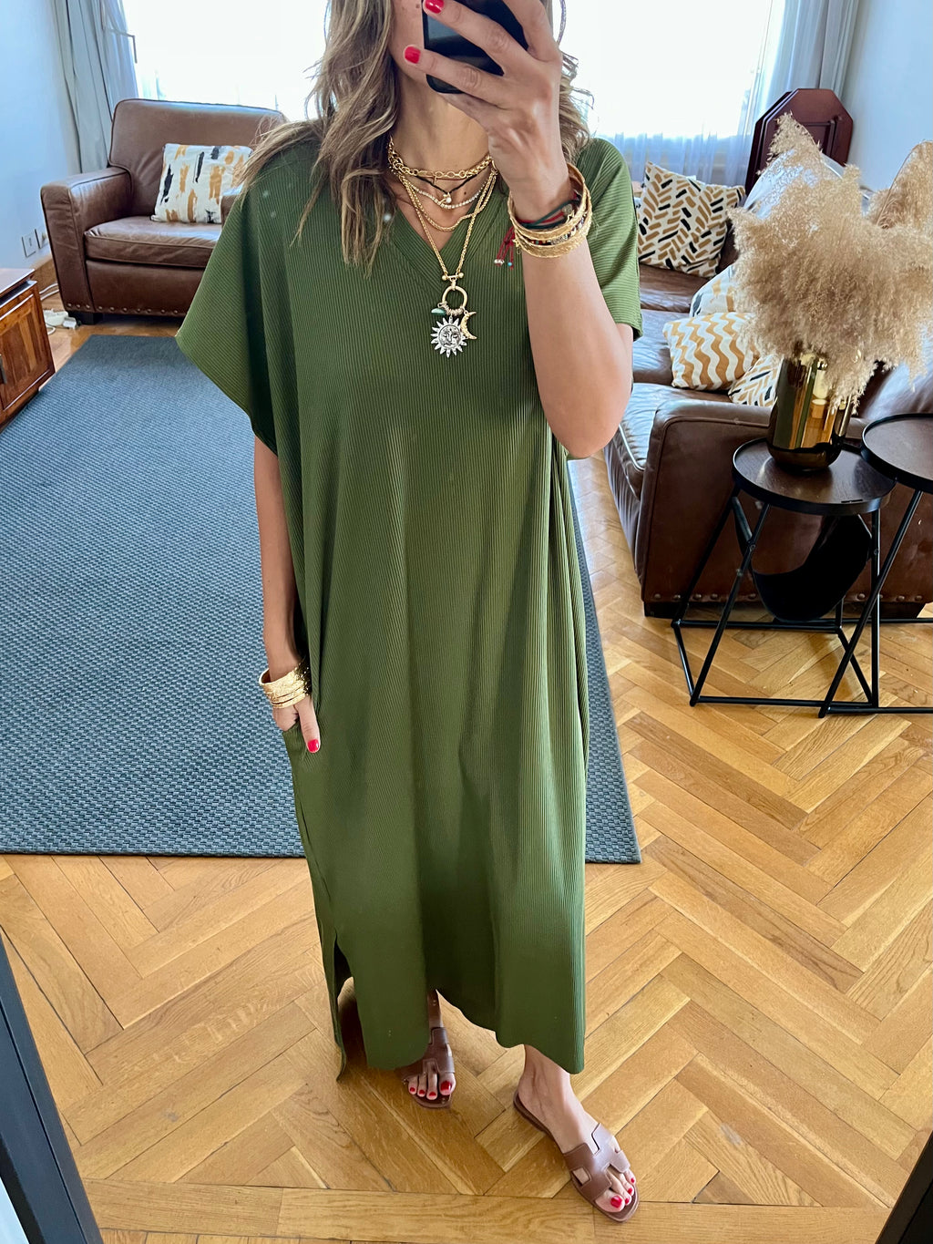 Olive Ribbed Flowy Dress