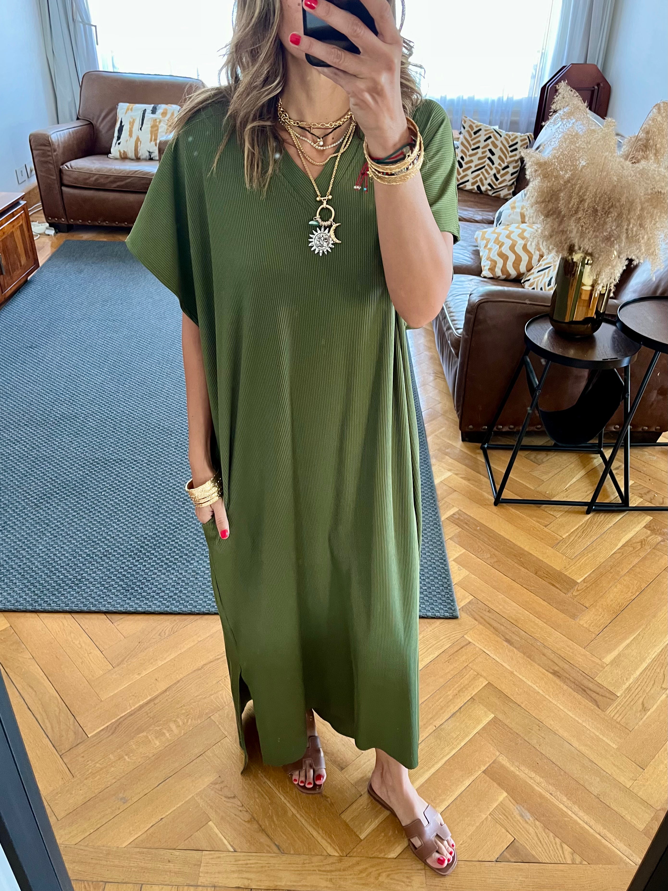 Olive Ribbed Flowy Dress