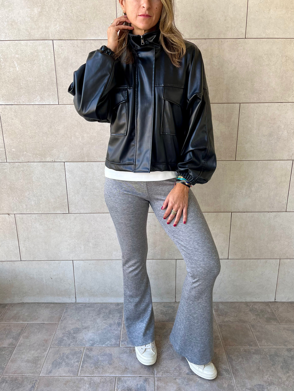 Black Funnel Neck Leather Jacket