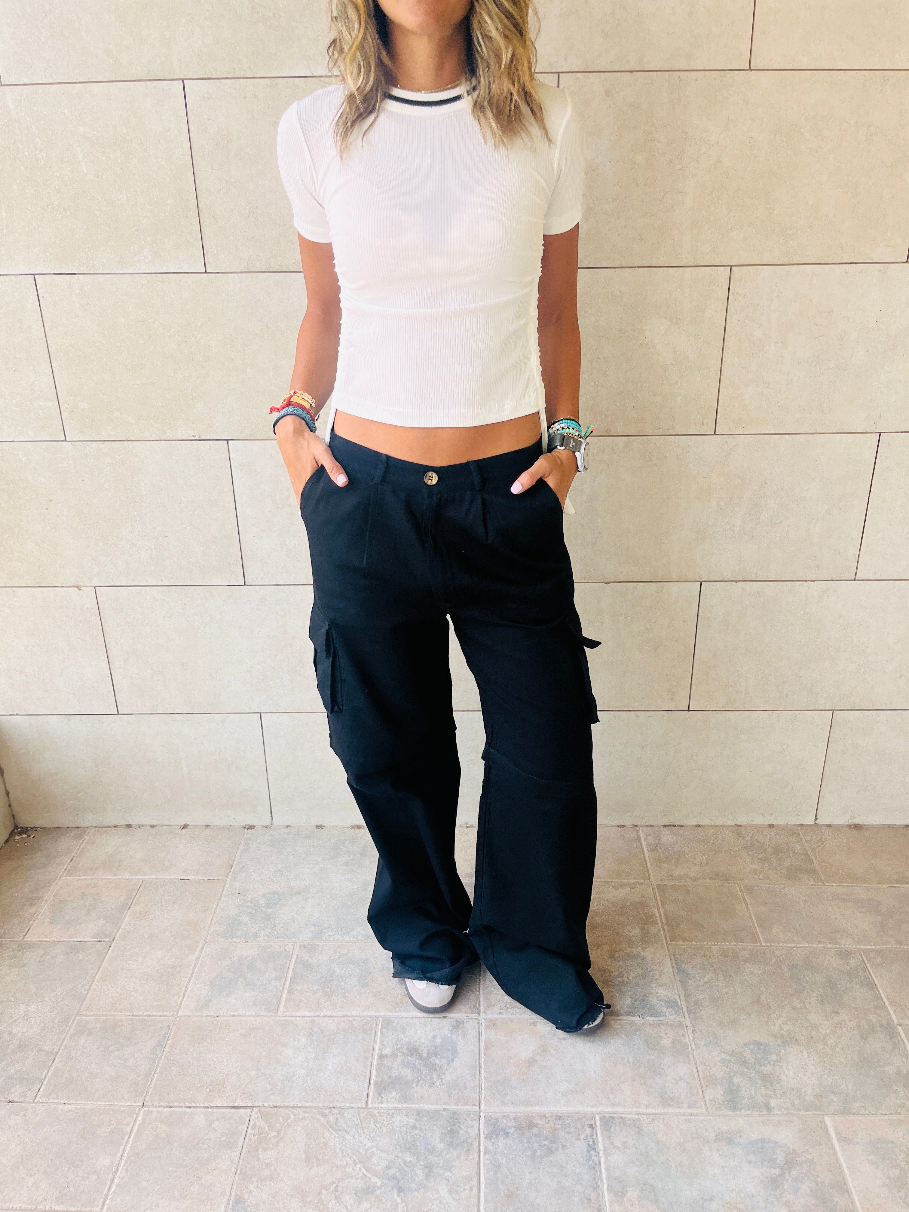White Ribbed Side Tie Stripe Top