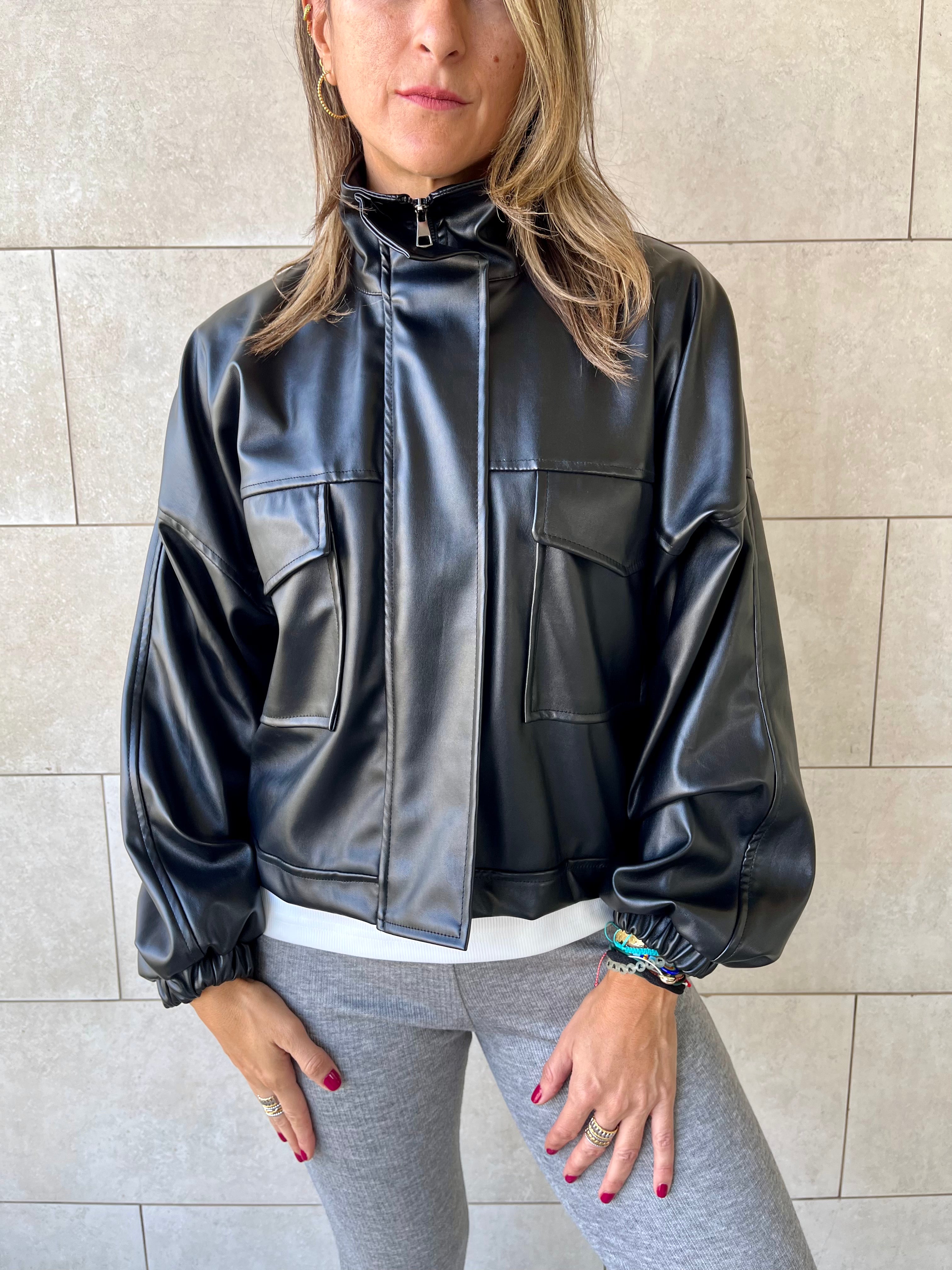 Black Funnel Neck Leather Jacket