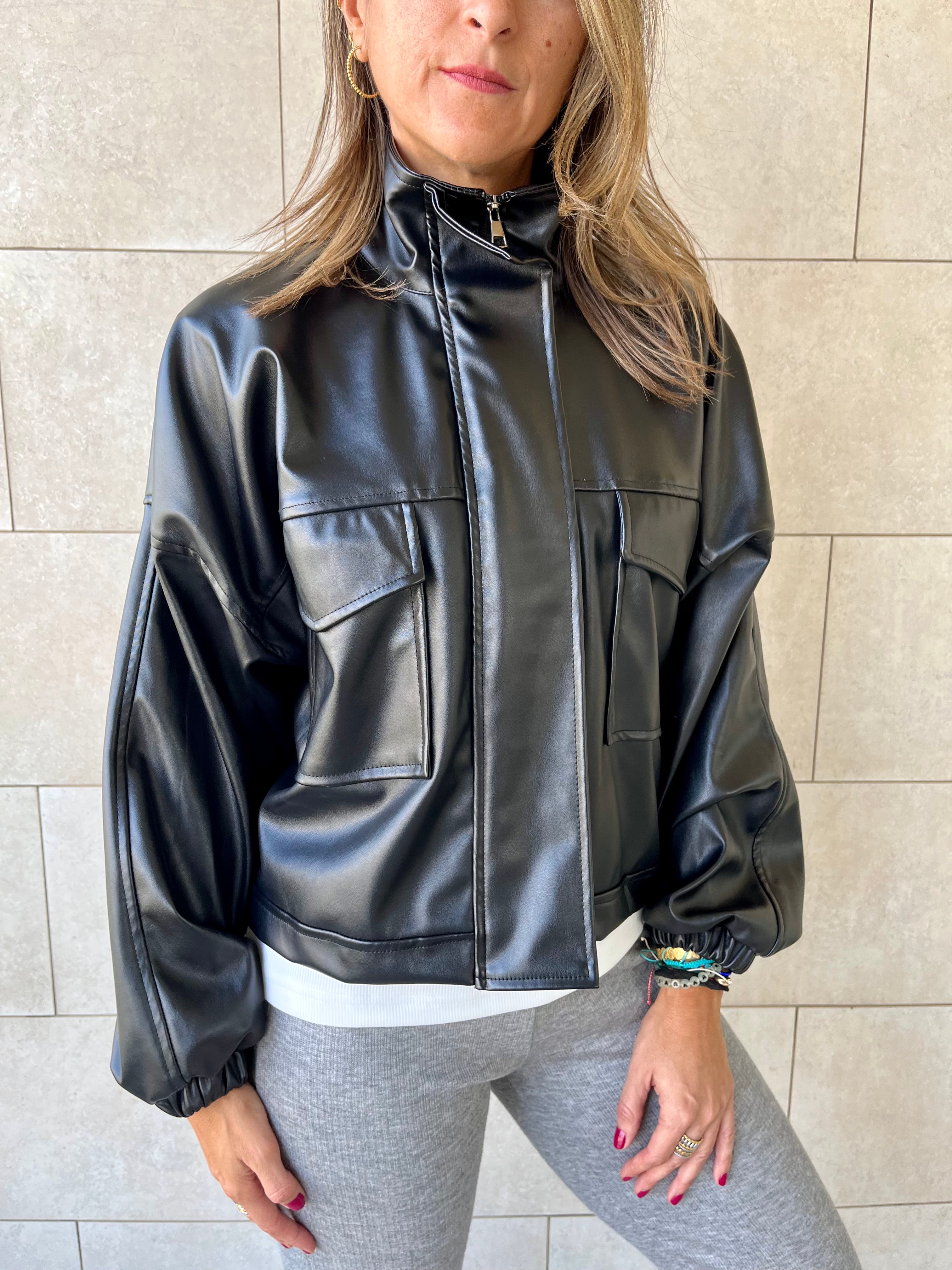 Black Funnel Neck Leather Jacket