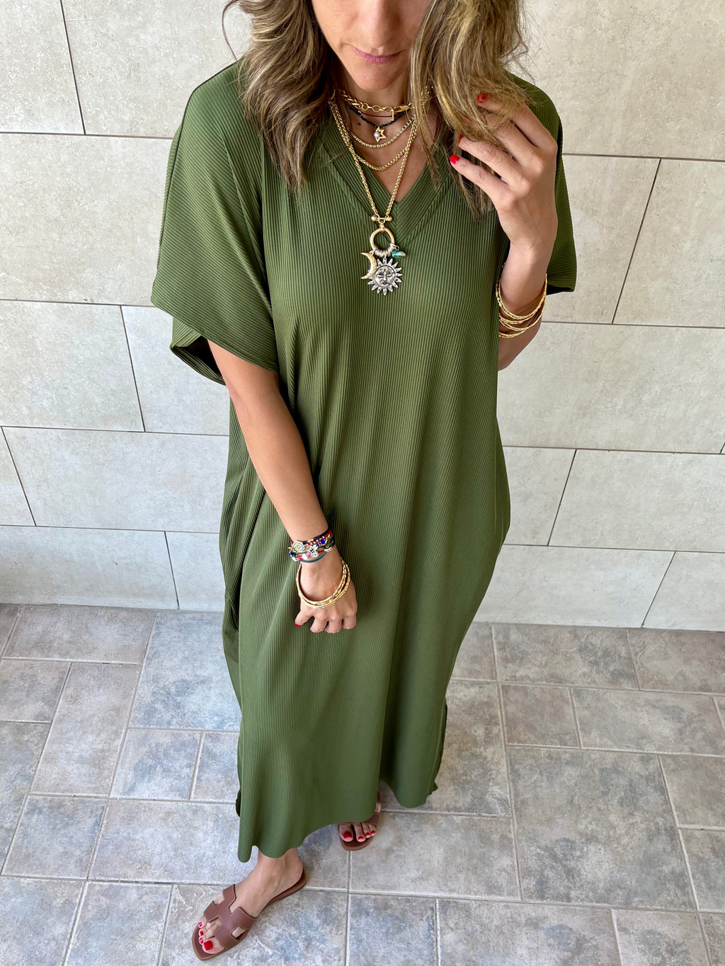 Olive Ribbed Flowy Dress