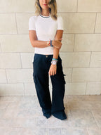 White Ribbed Side Tie Stripe Top