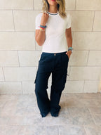 White Ribbed Side Tie Stripe Top