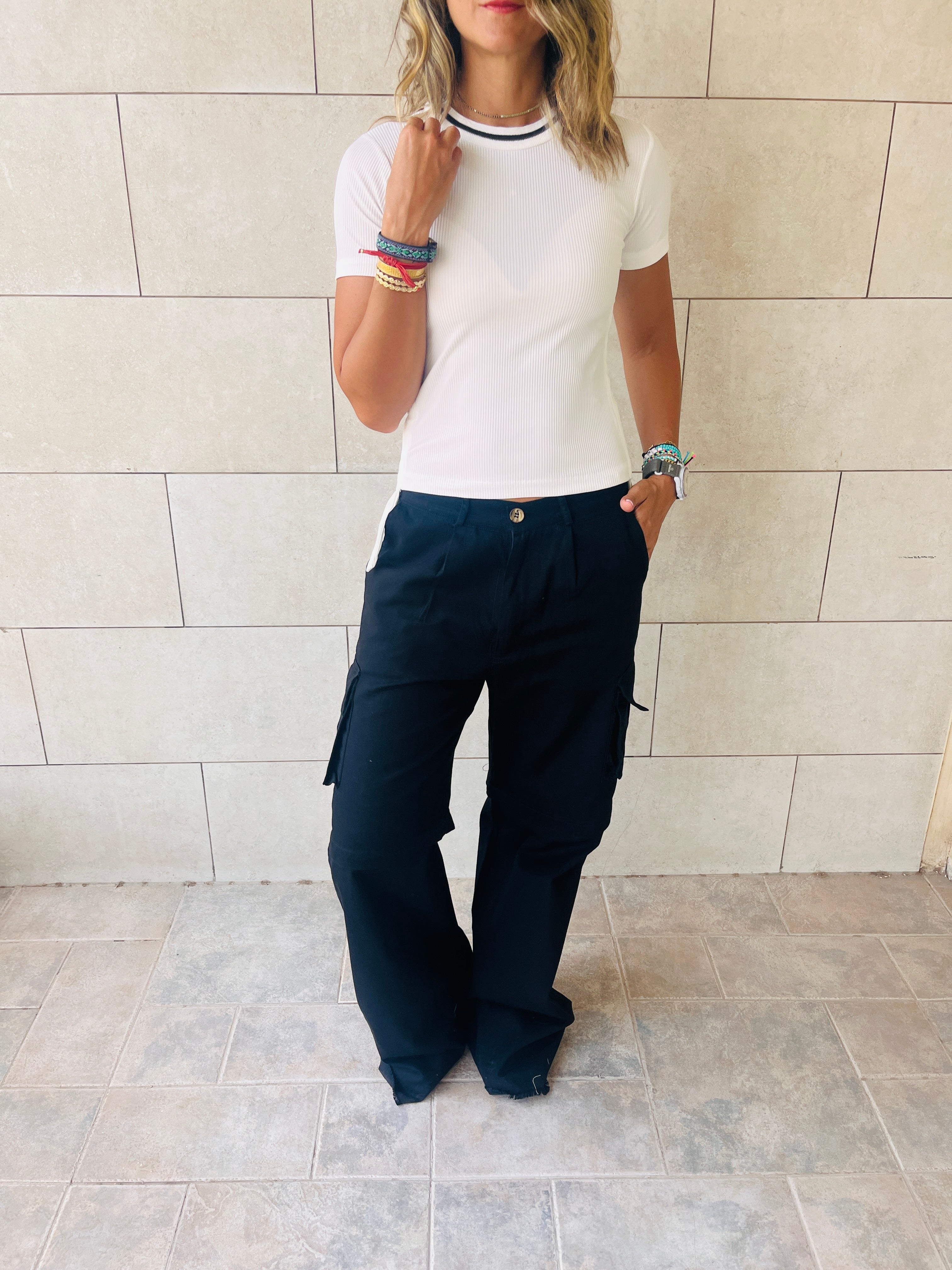 White Ribbed Side Tie Stripe Top
