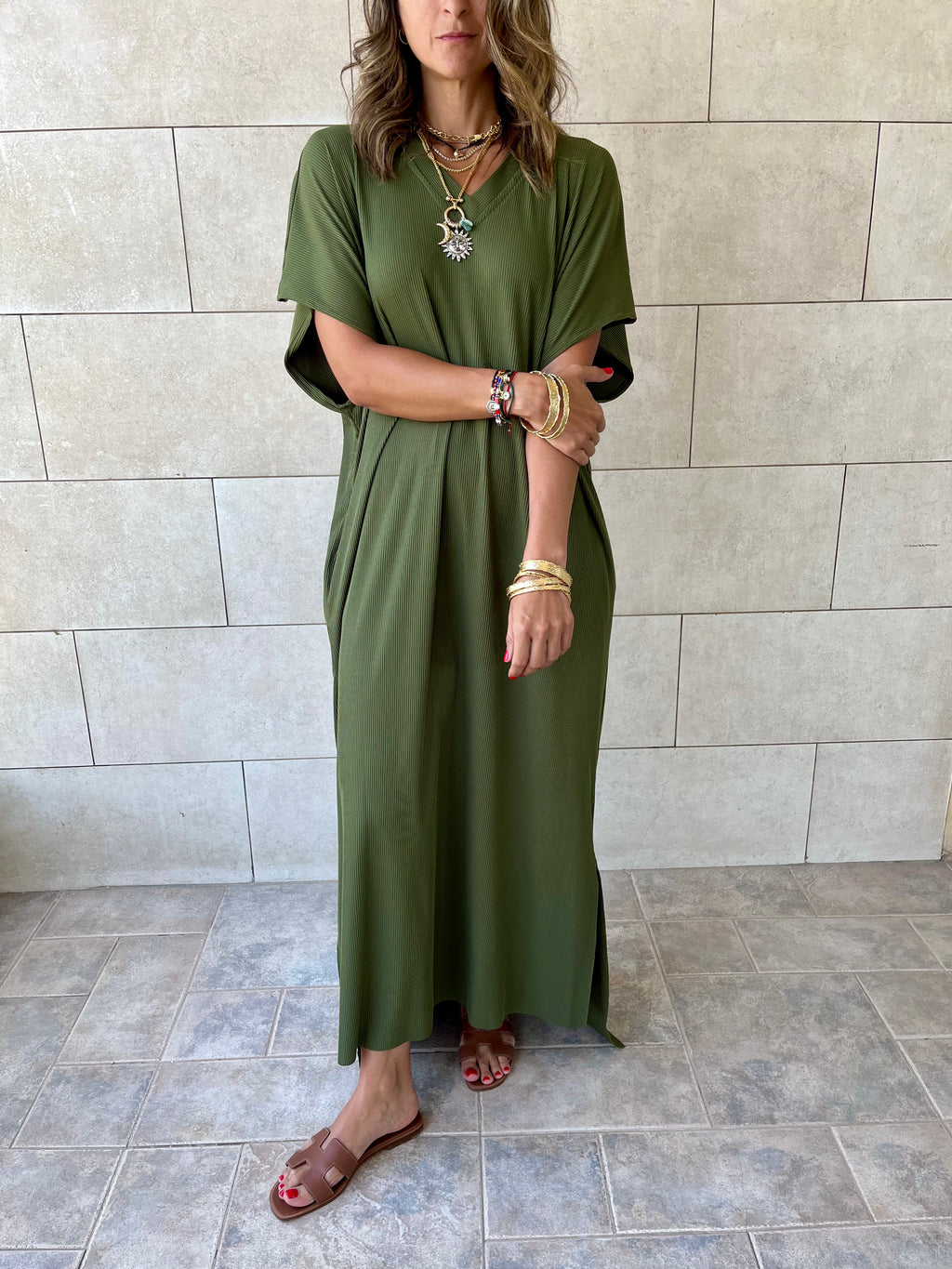 Olive Ribbed Flowy Dress