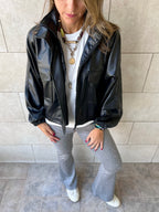 Black Funnel Neck Leather Jacket