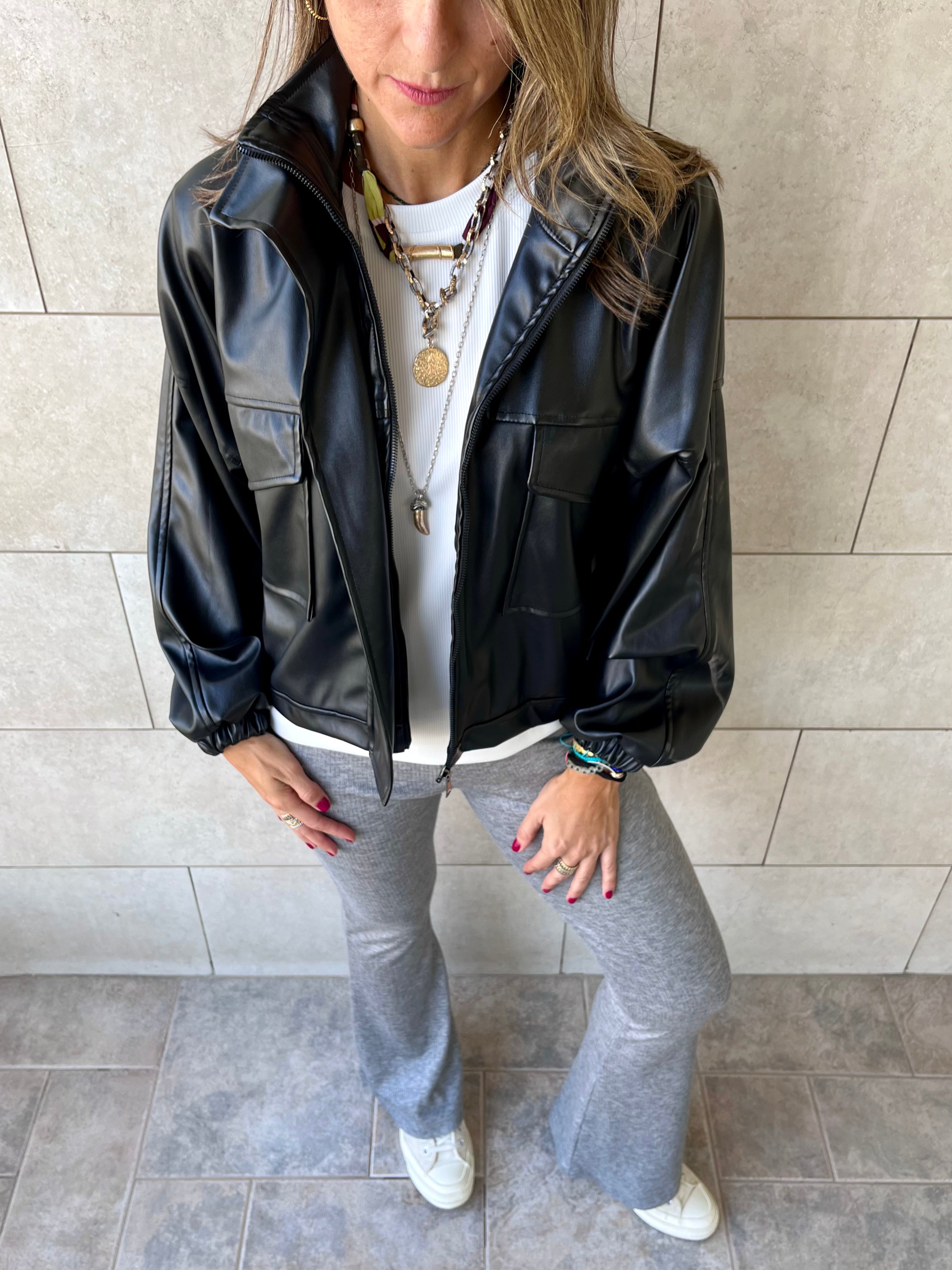 Black Funnel Neck Leather Jacket