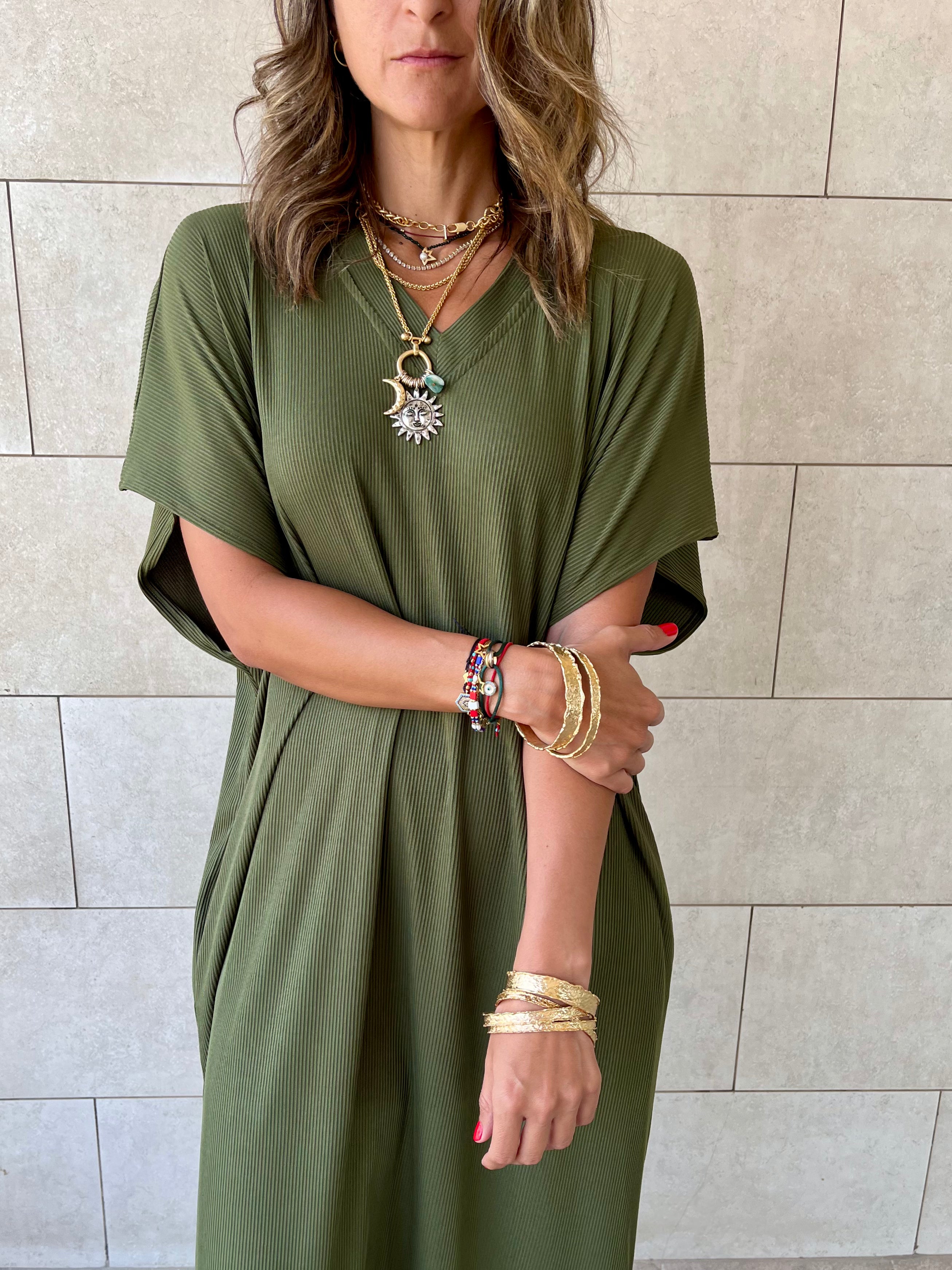 Olive Ribbed Flowy Dress