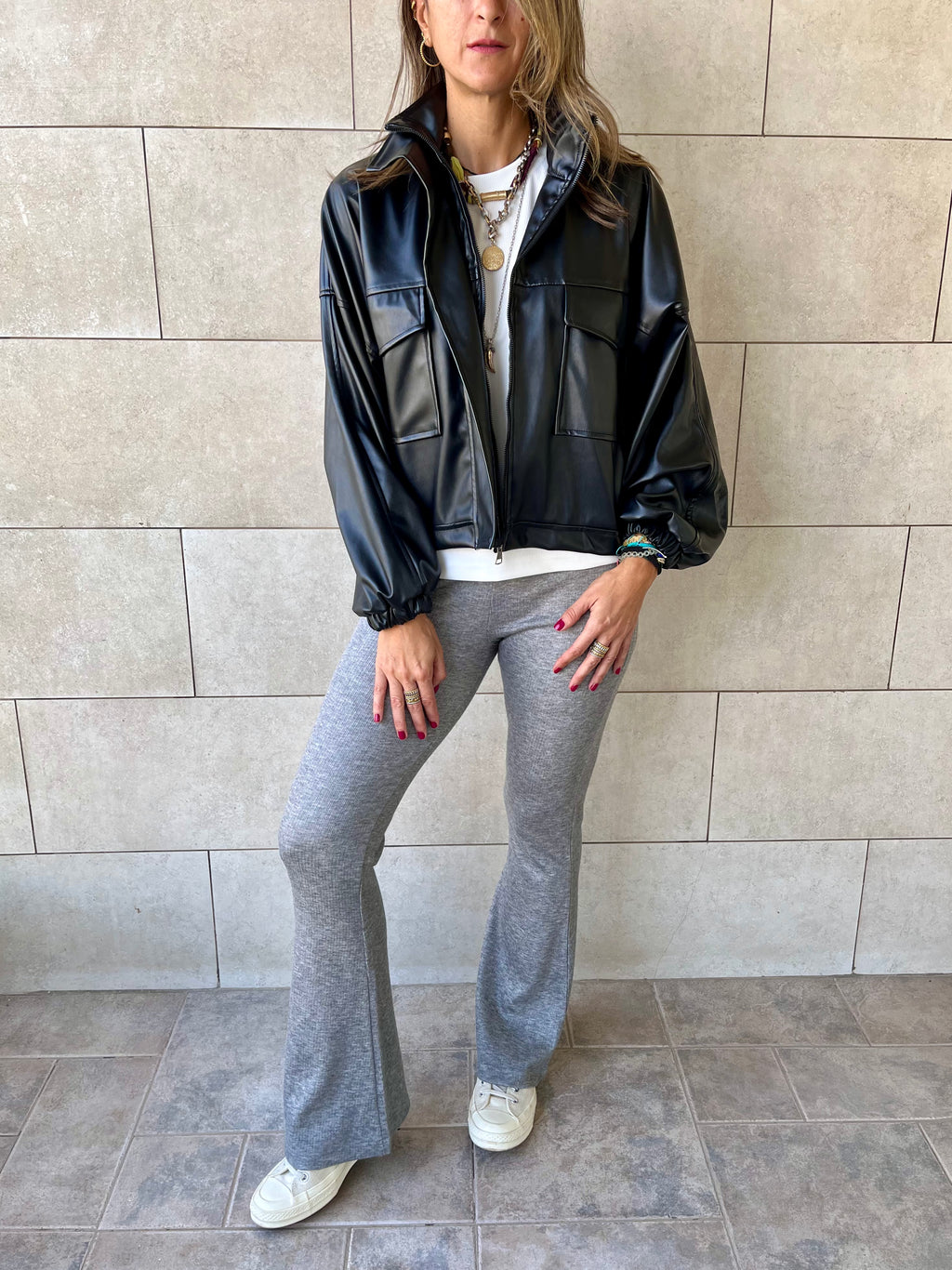 Black Funnel Neck Leather Jacket