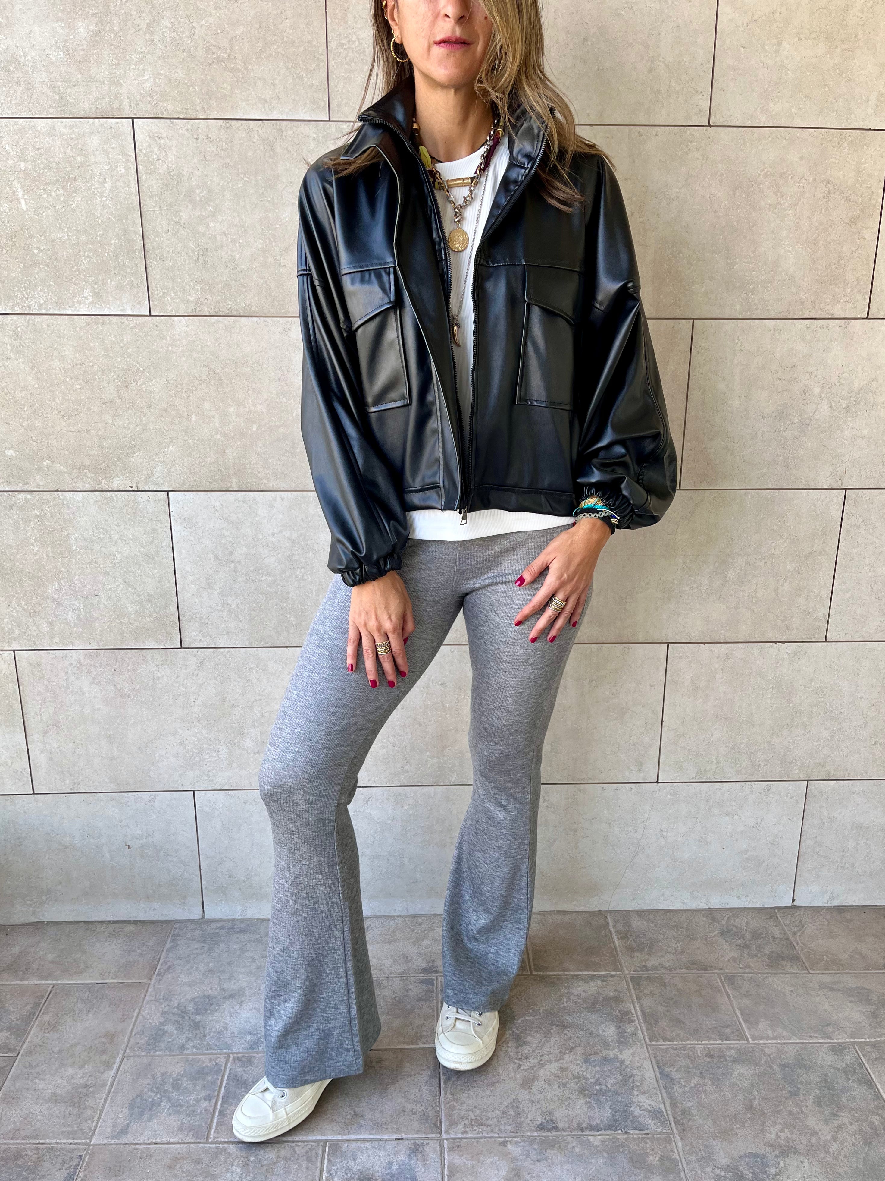 Black Funnel Neck Leather Jacket