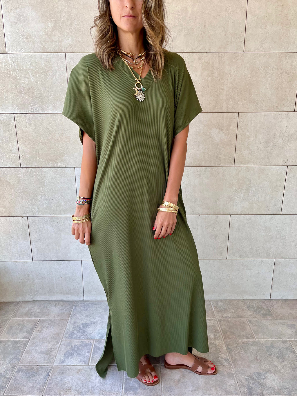 Olive Ribbed Flowy Dress