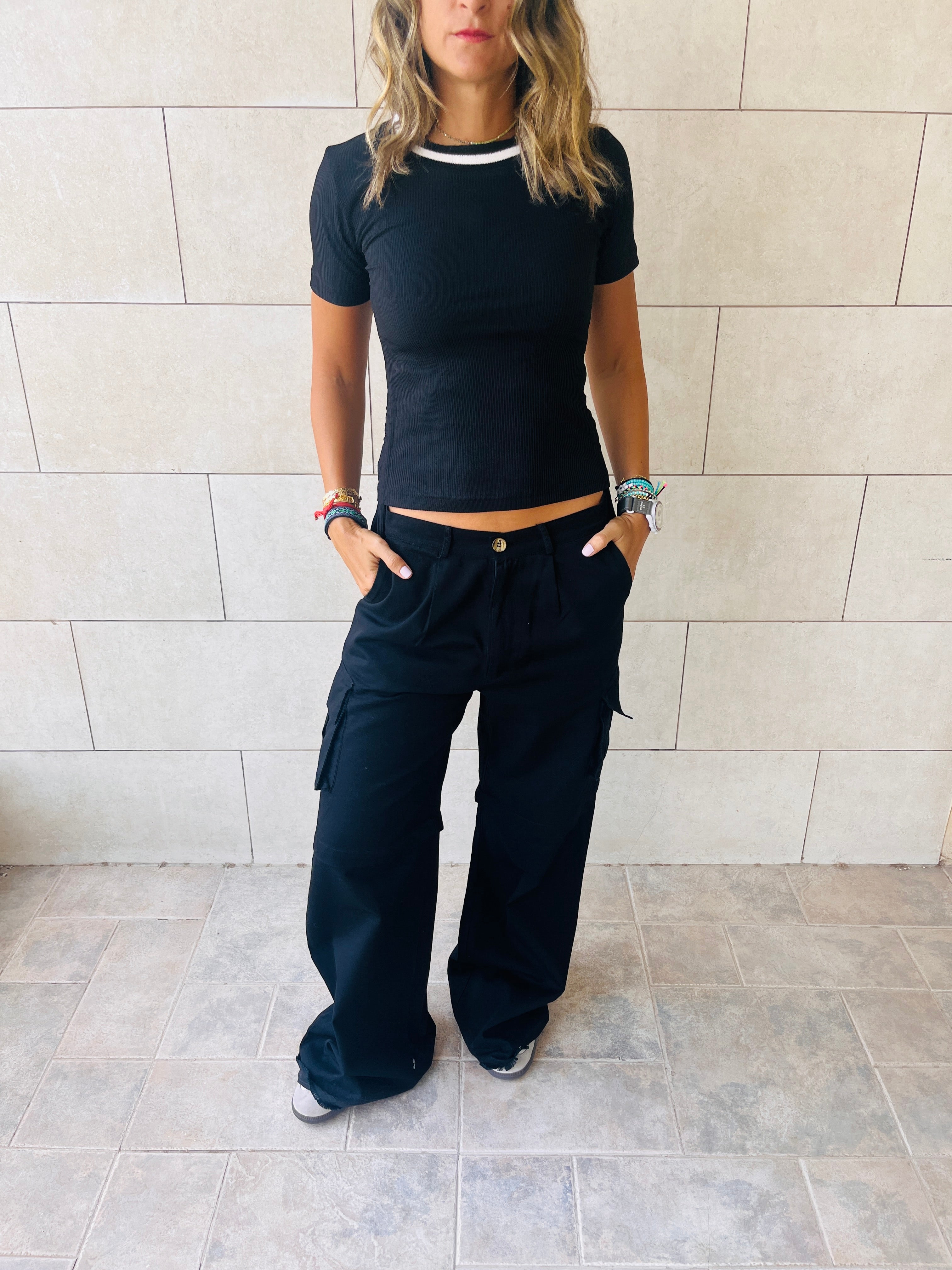Black Ribbed Side Tie Stripe Top