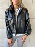 Black Funnel Neck Leather Jacket