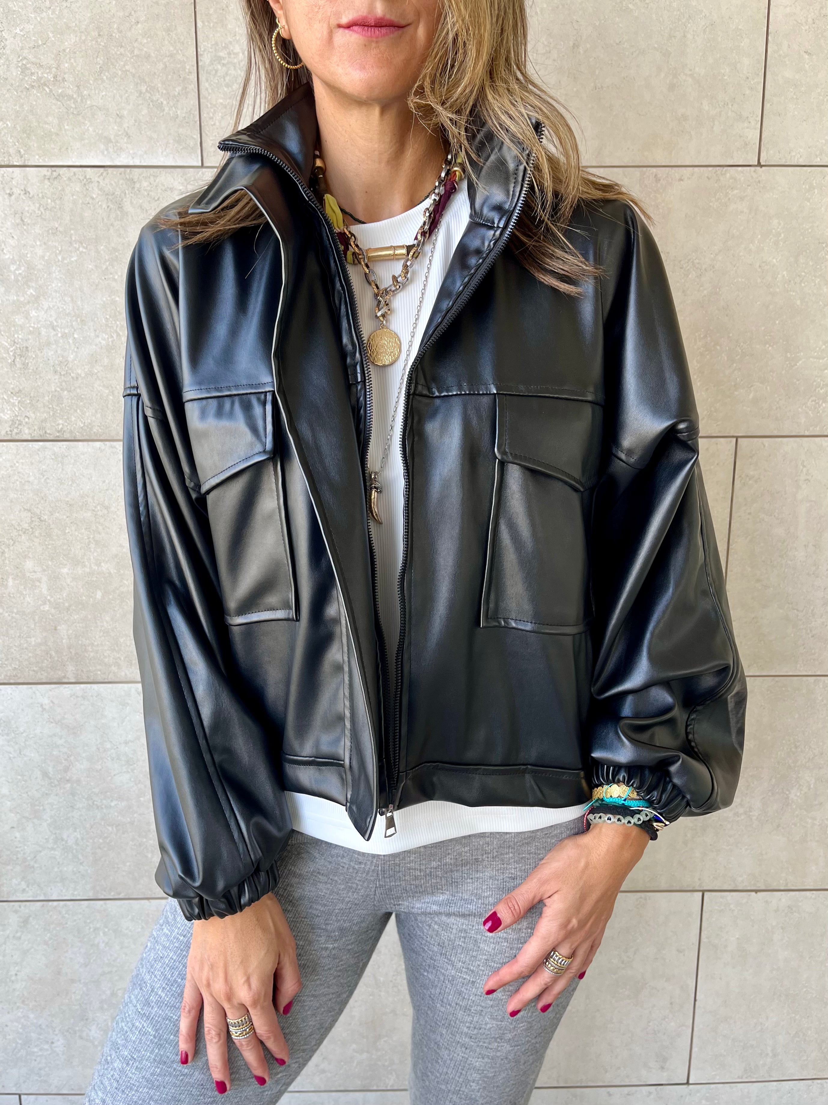 Black Funnel Neck Leather Jacket