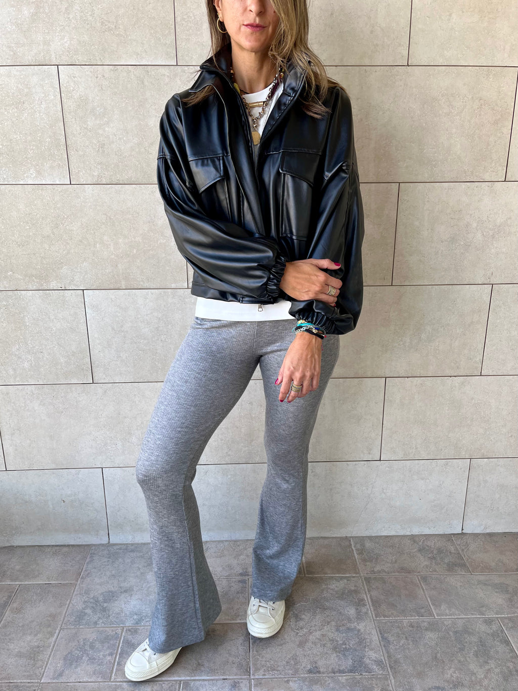 Black Funnel Neck Leather Jacket