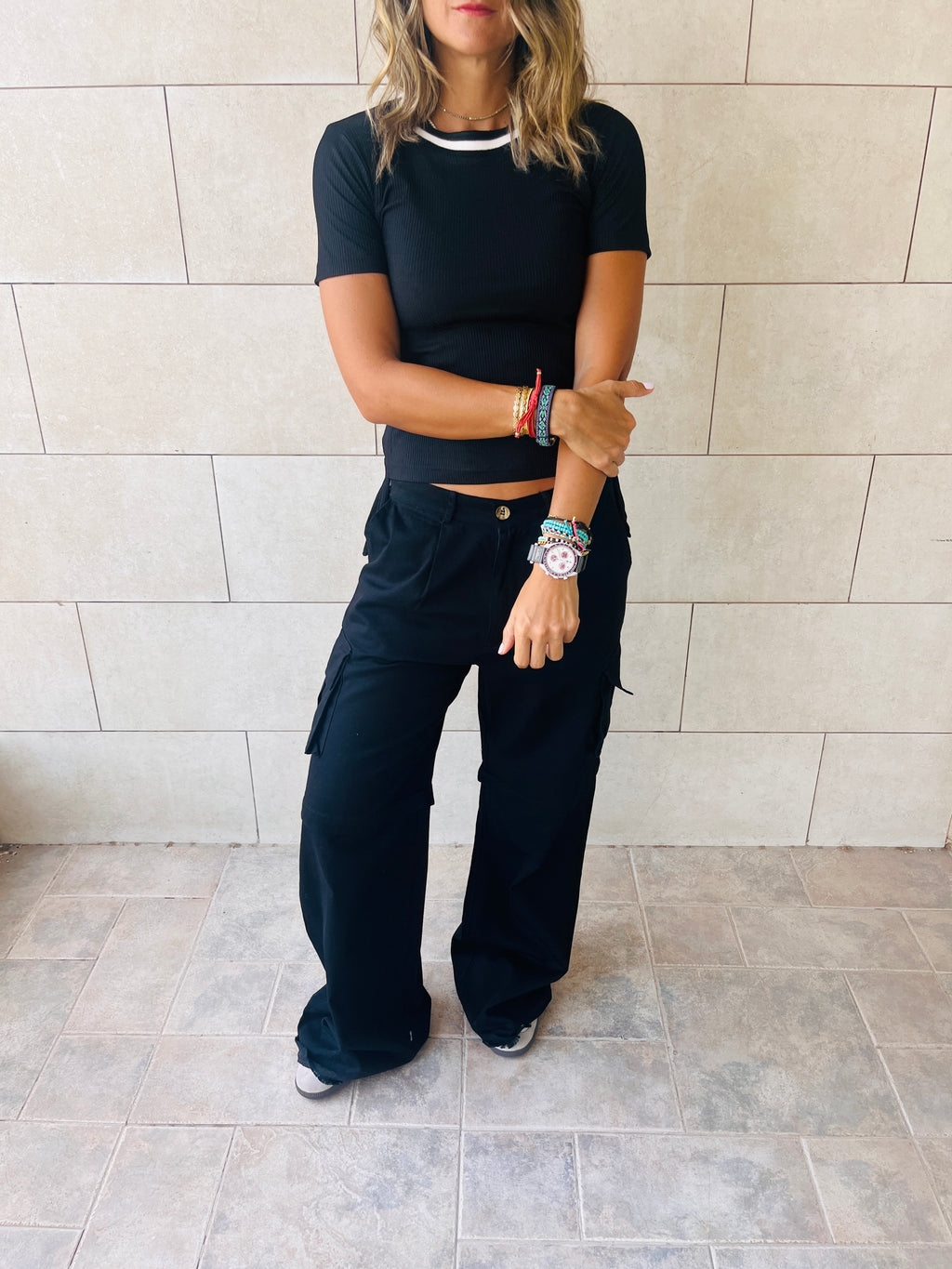 Black Ribbed Side Tie Stripe Top