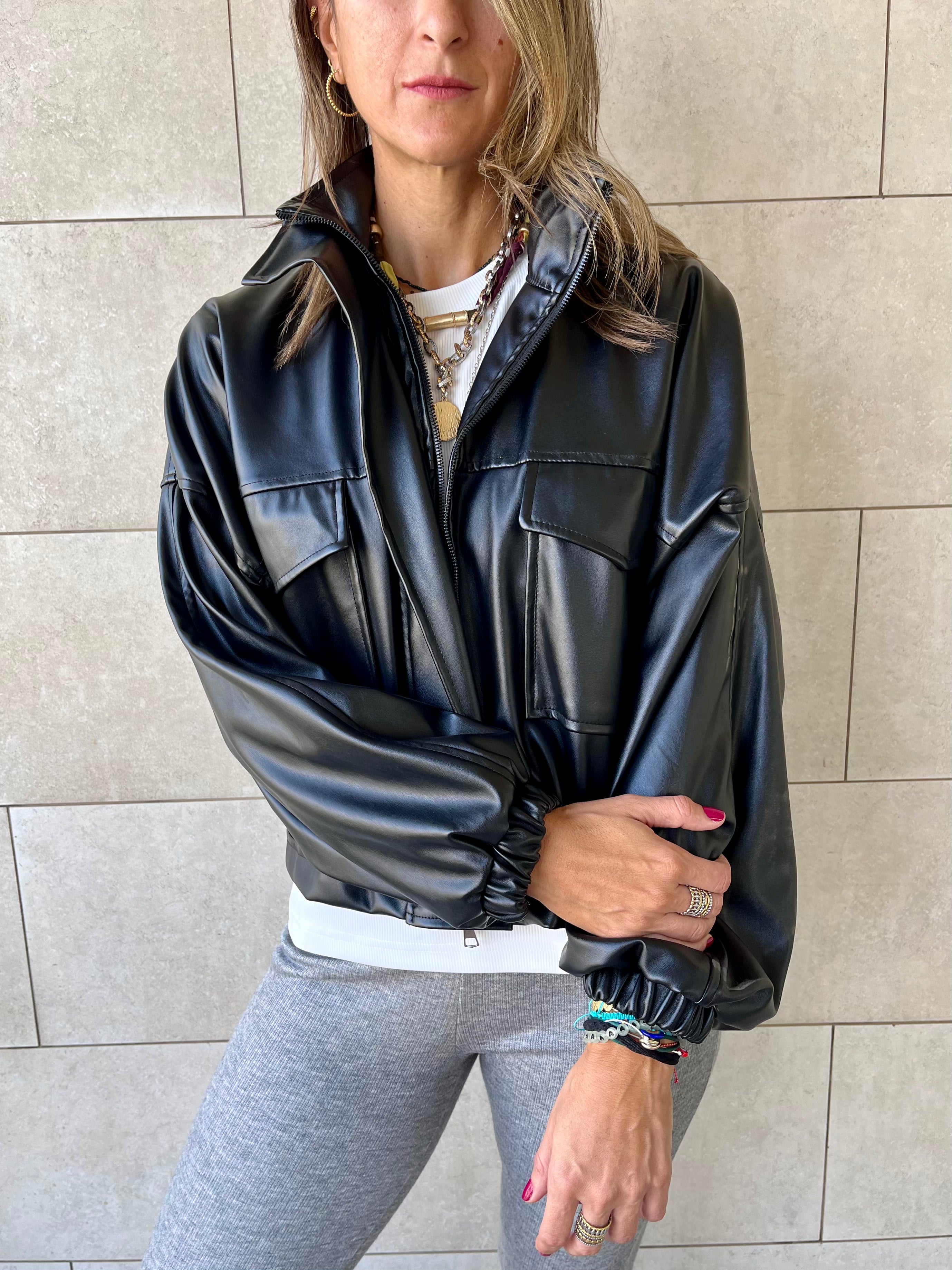 Black Funnel Neck Leather Jacket