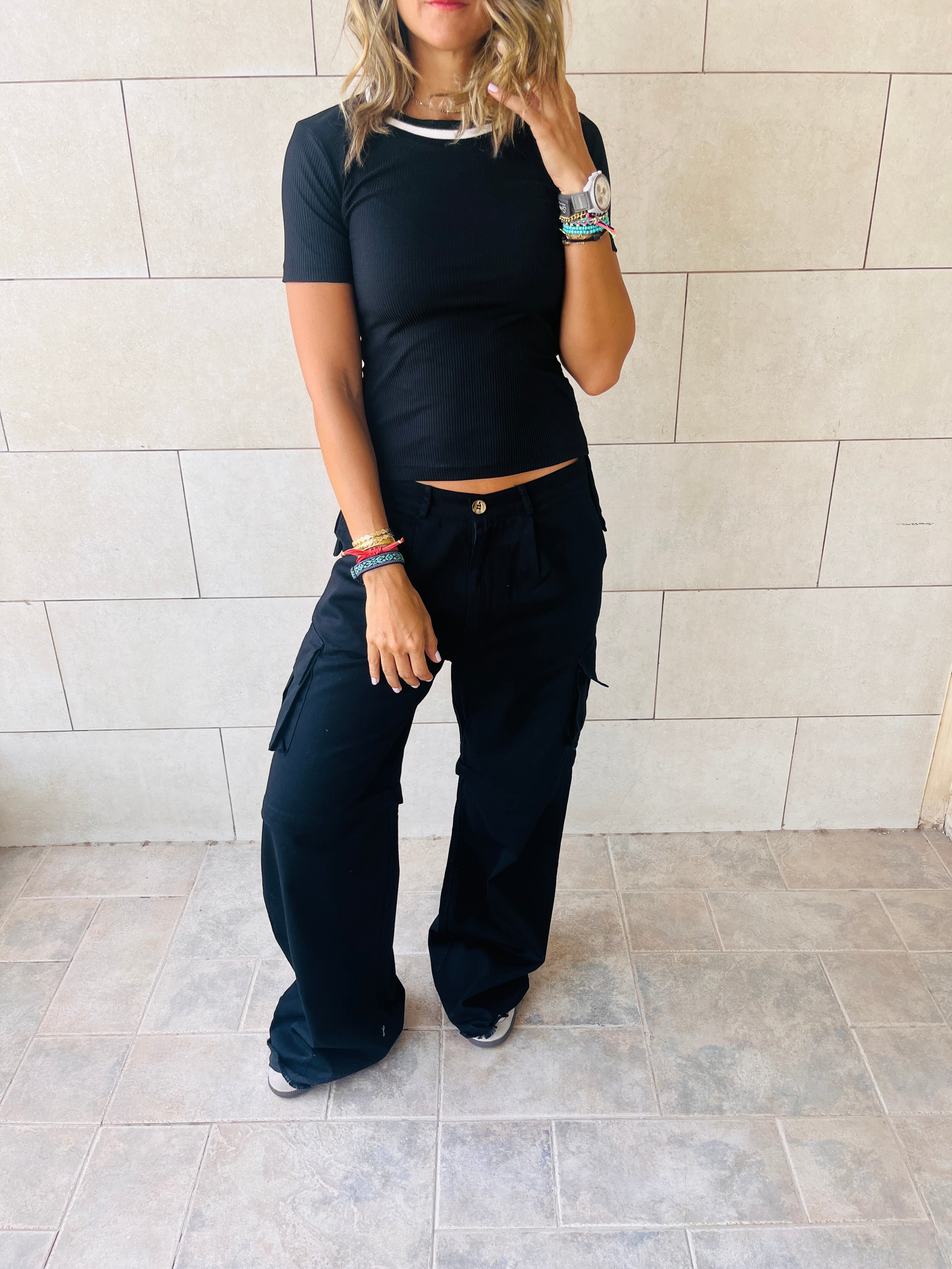 Black Ribbed Side Tie Stripe Top