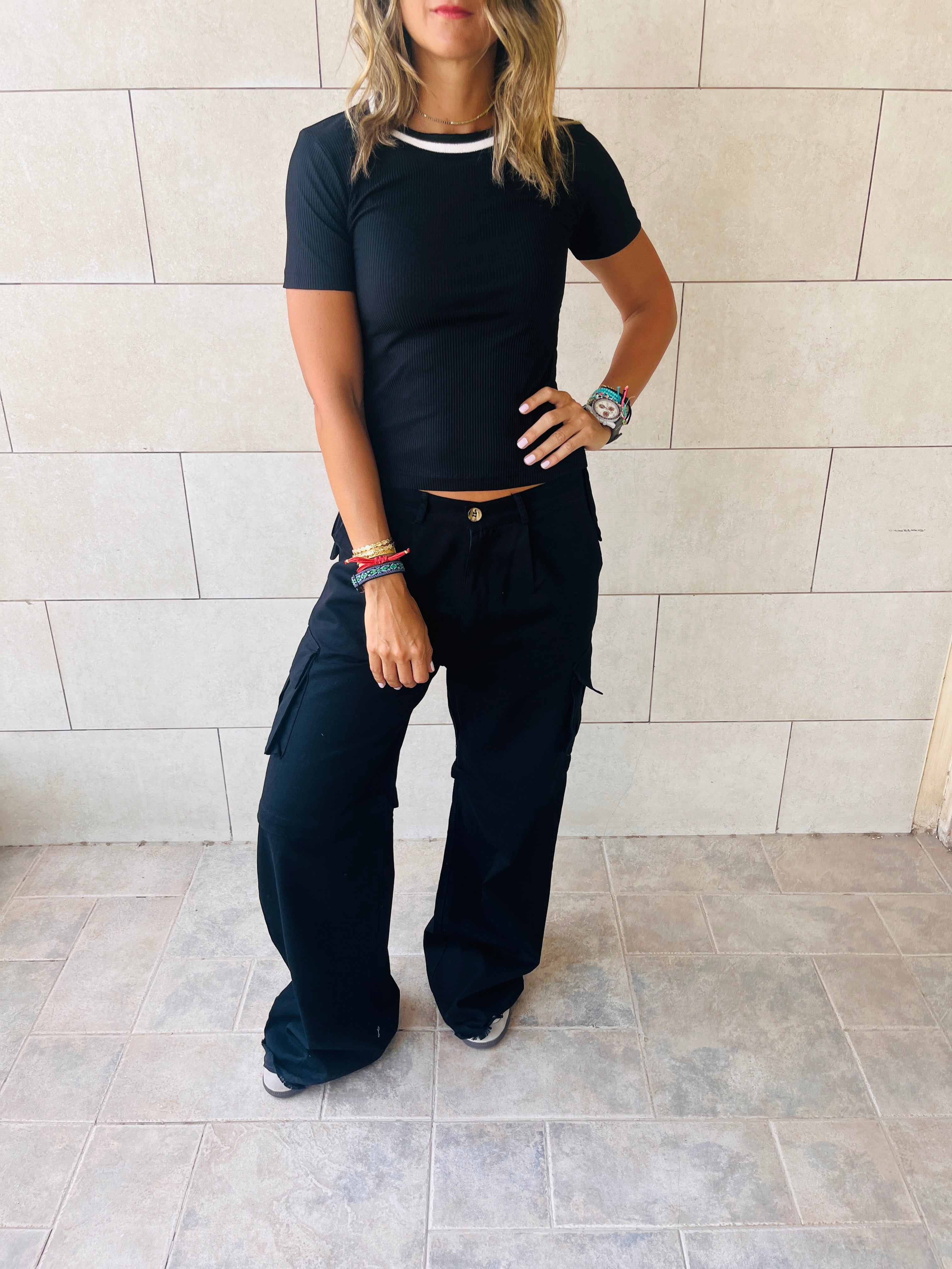 Black Ribbed Side Tie Stripe Top