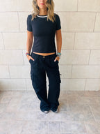 Black Ribbed Side Tie Stripe Top