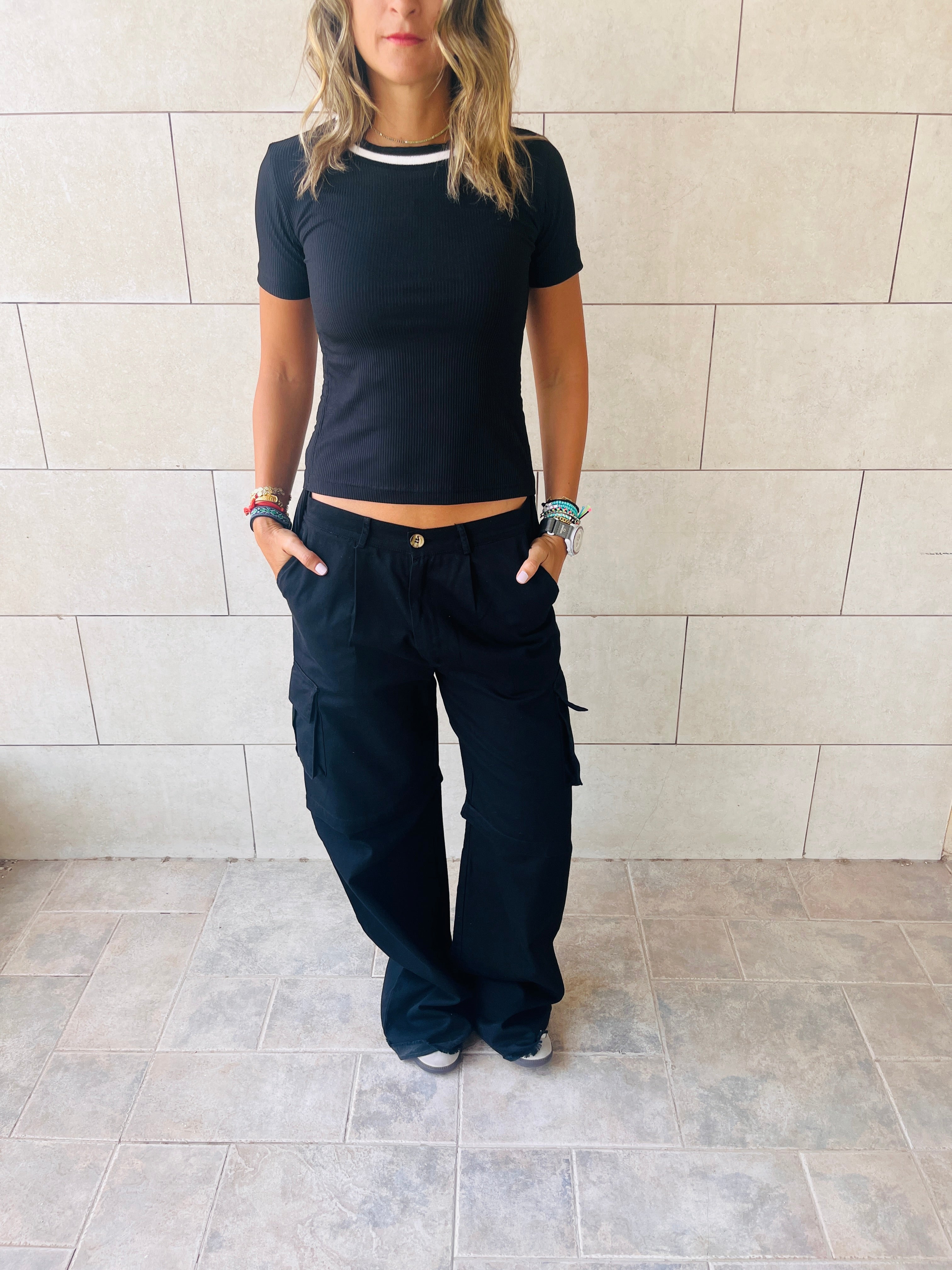 Black Ribbed Side Tie Stripe Top