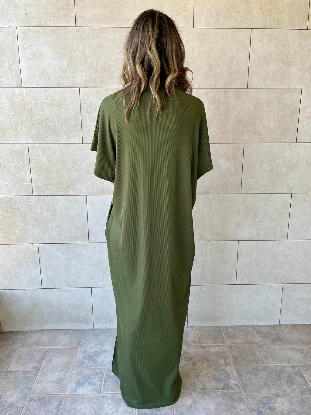 Olive Ribbed Flowy Dress