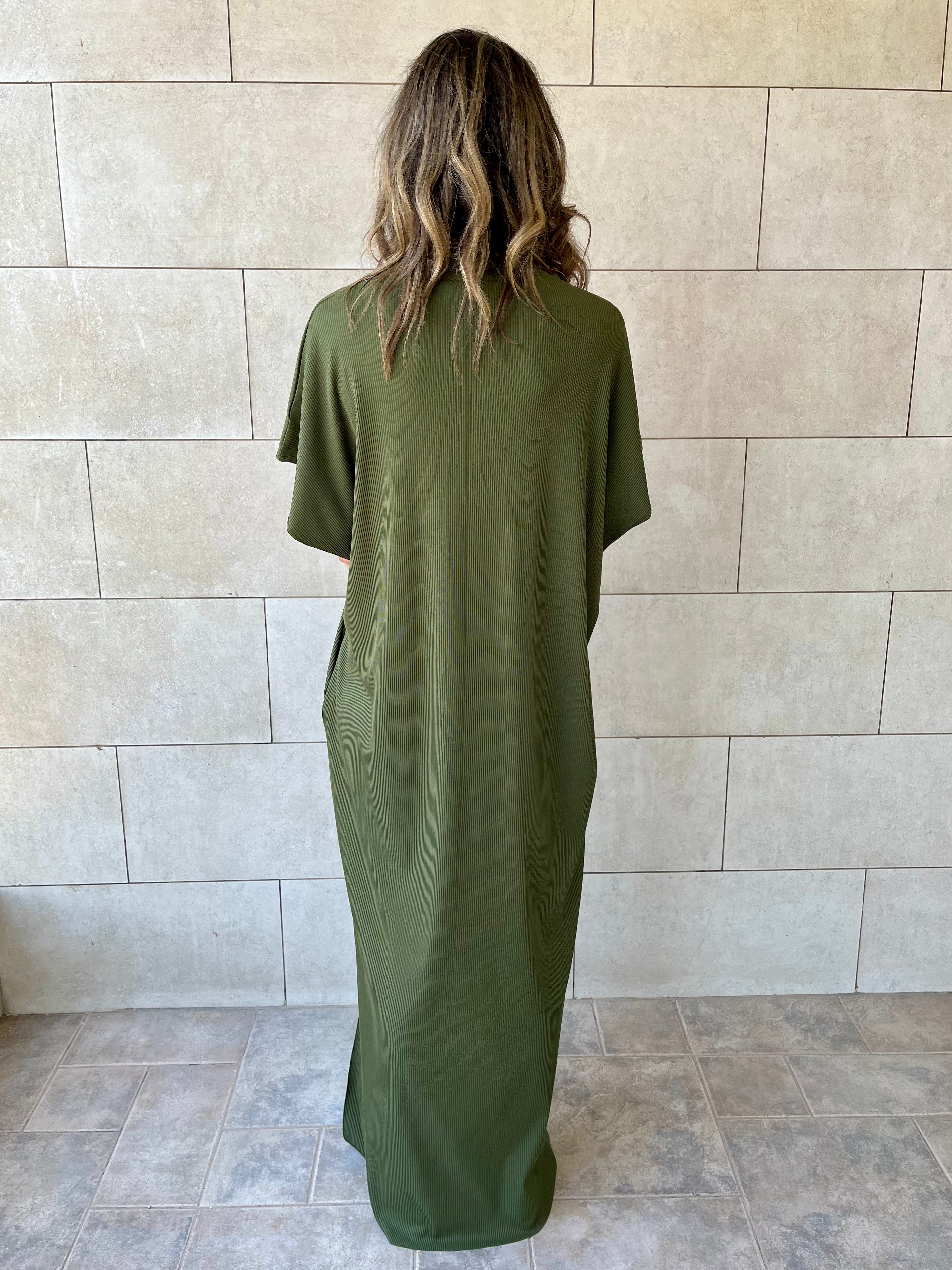 Olive Ribbed Flowy Dress