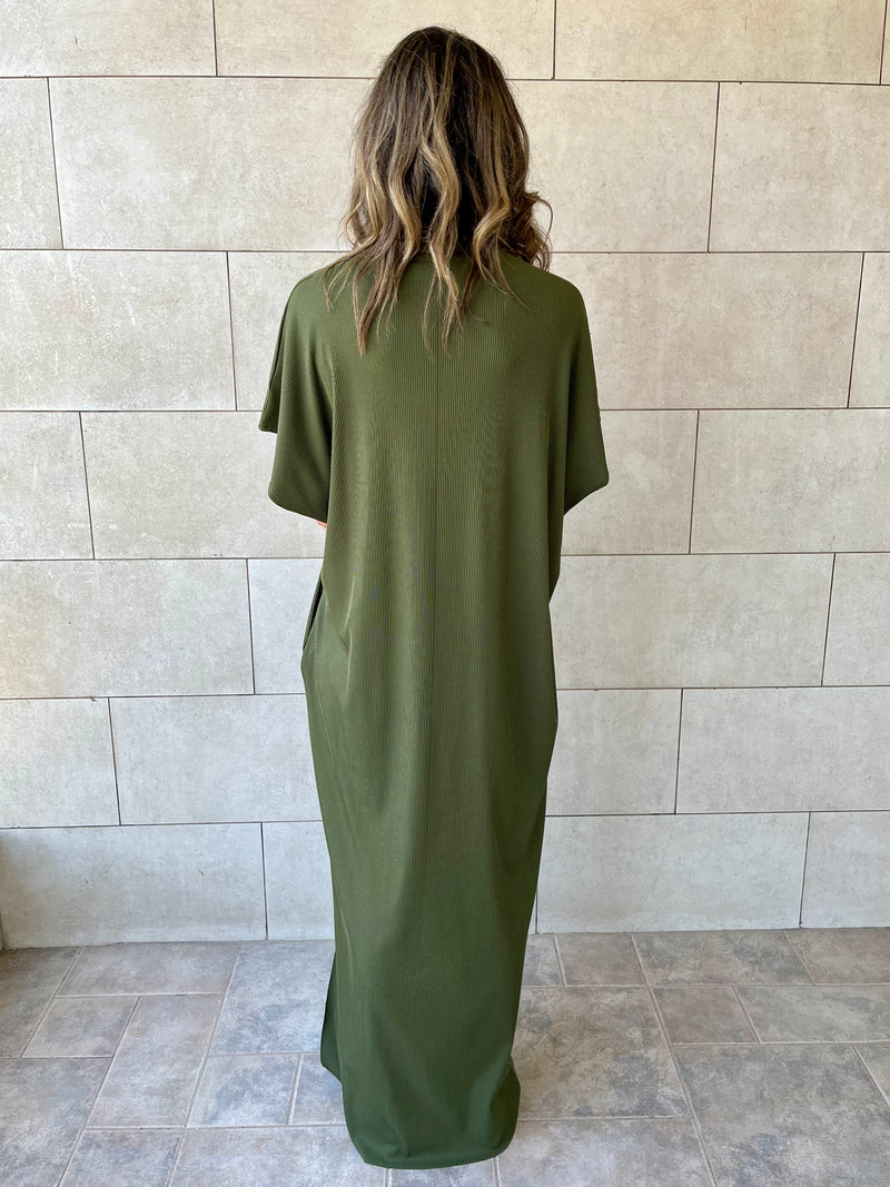 Olive Ribbed Flowy Dress
