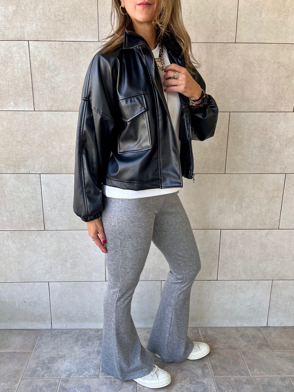 Black Funnel Neck Leather Jacket