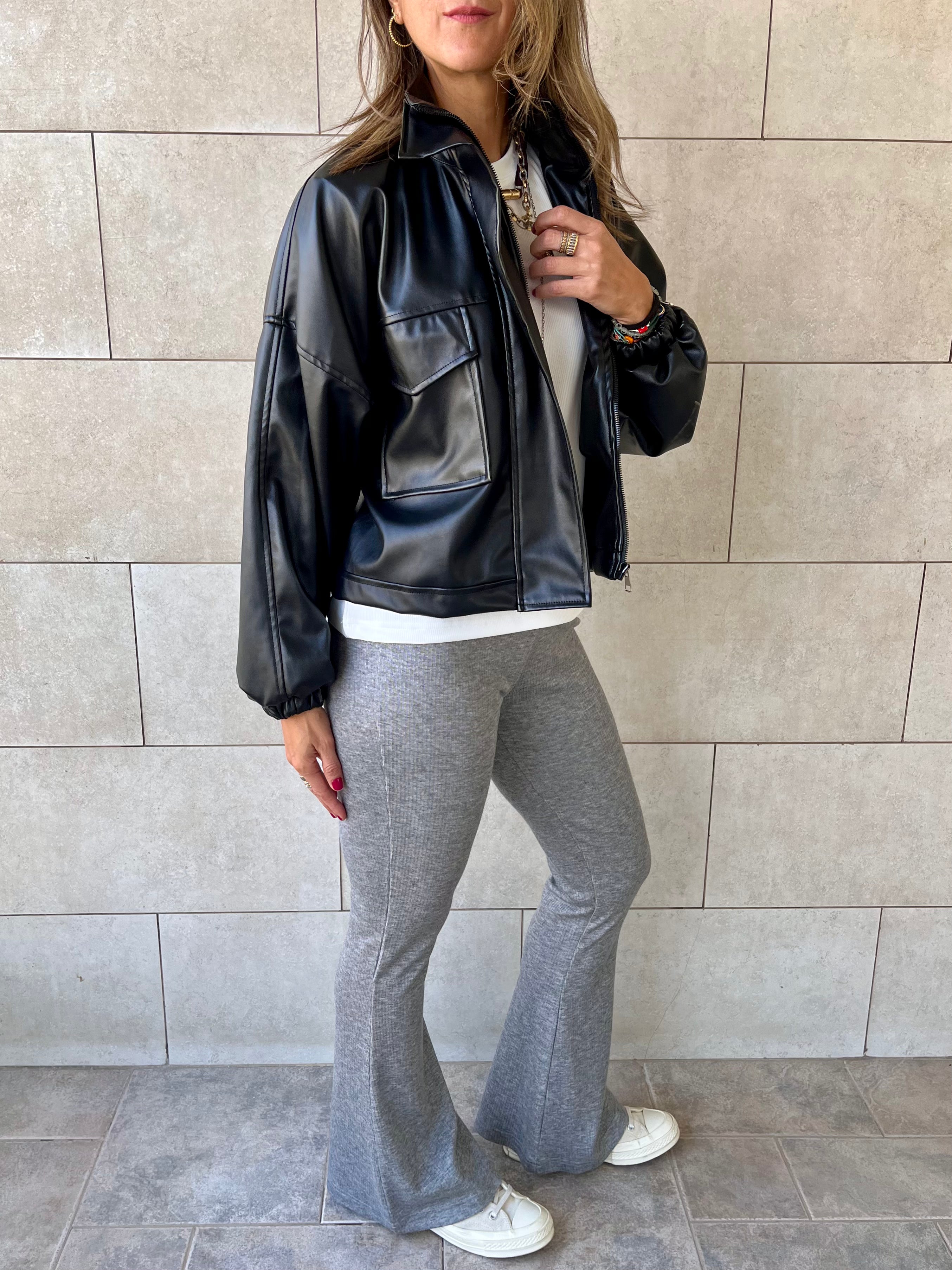 Black Funnel Neck Leather Jacket