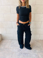 Black Ribbed Side Tie Stripe Top