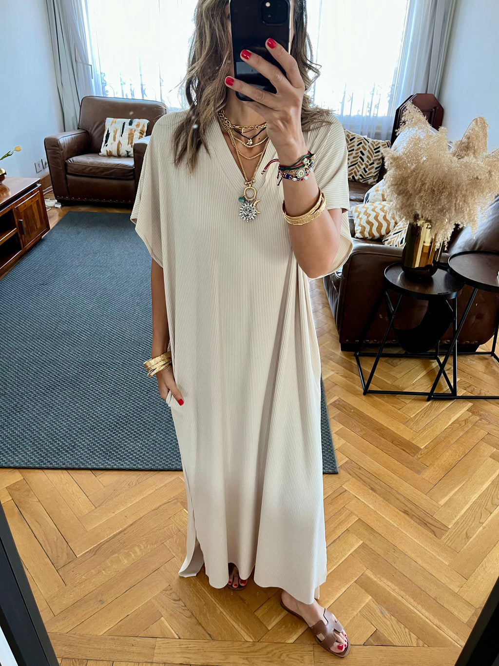 Beige Ribbed Flowy Dress