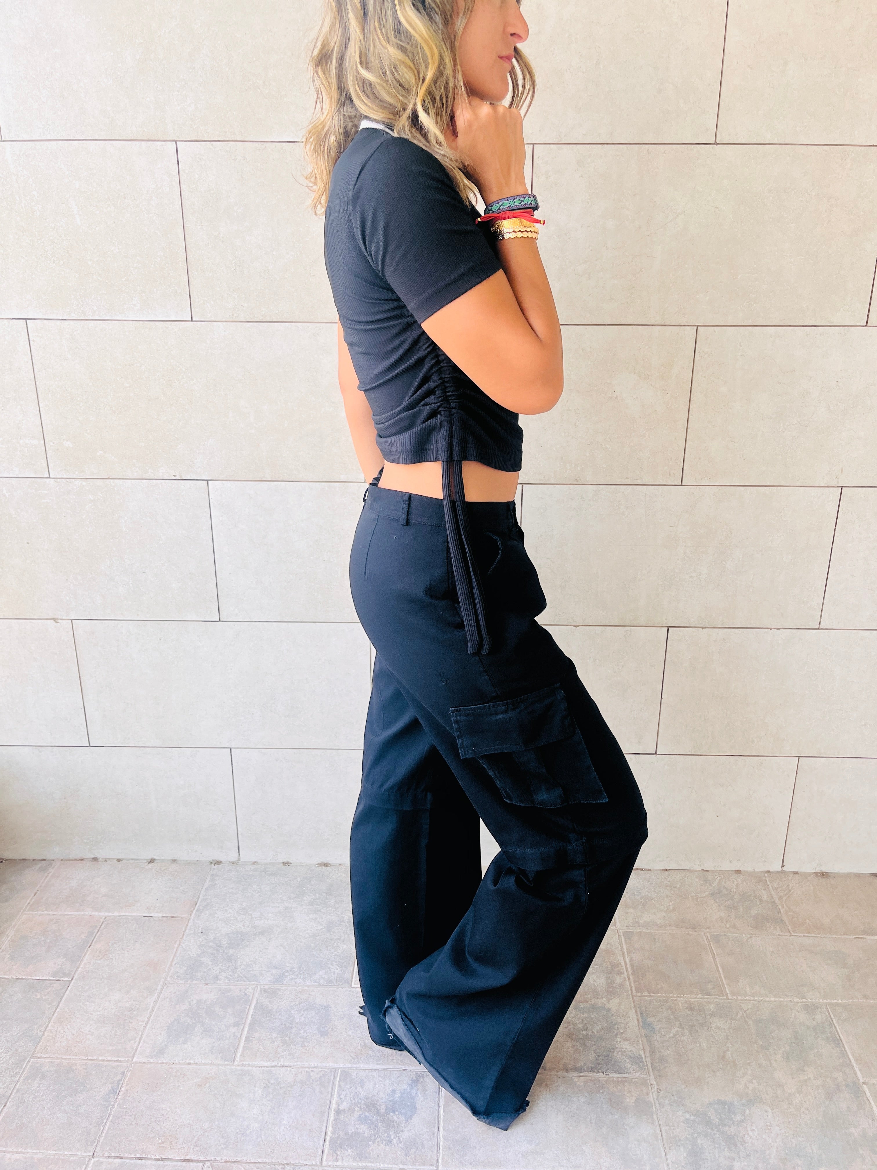 Black Ribbed Side Tie Stripe Top