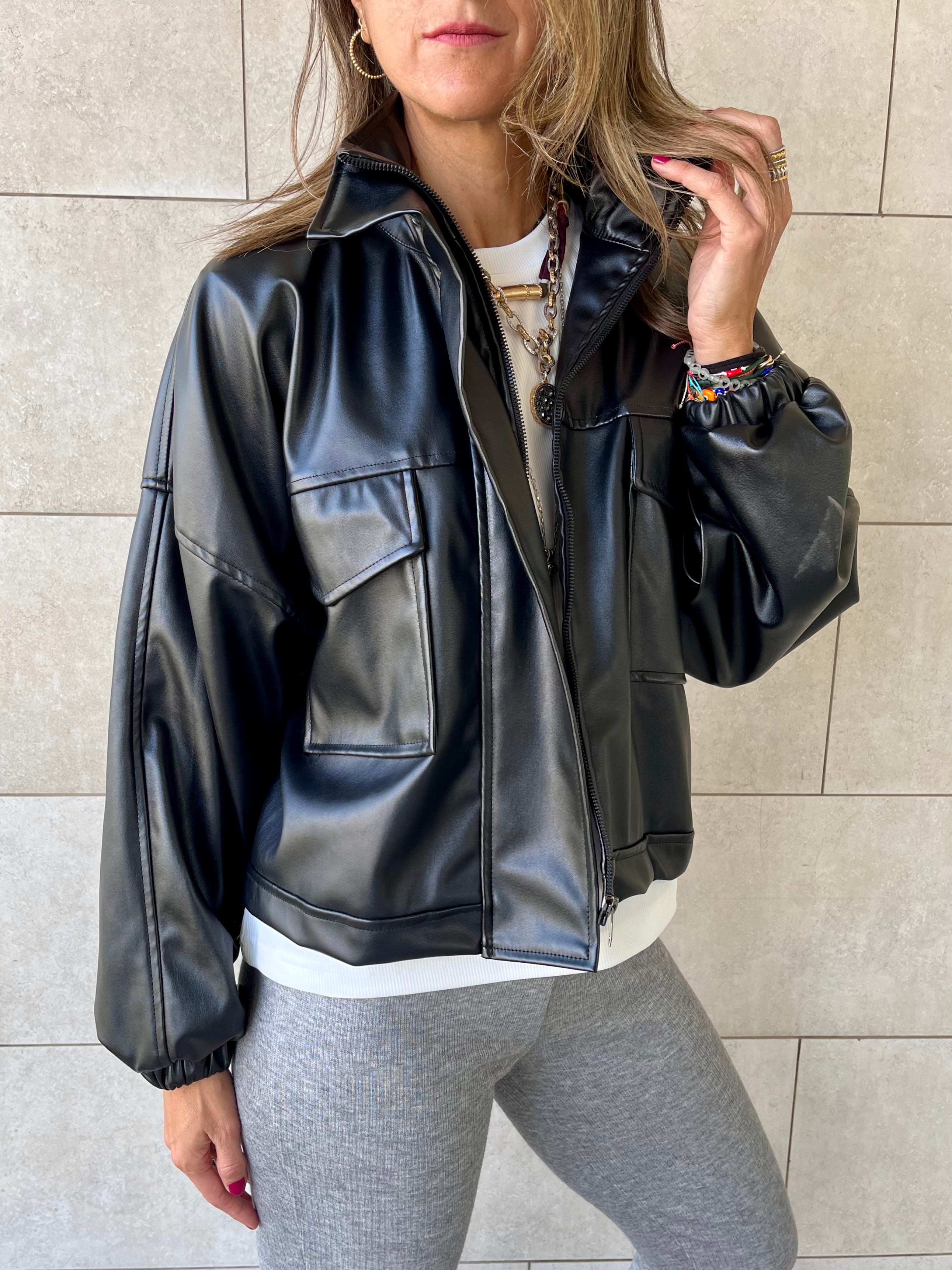 Black Funnel Neck Leather Jacket