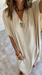 Beige Ribbed Flowy Dress