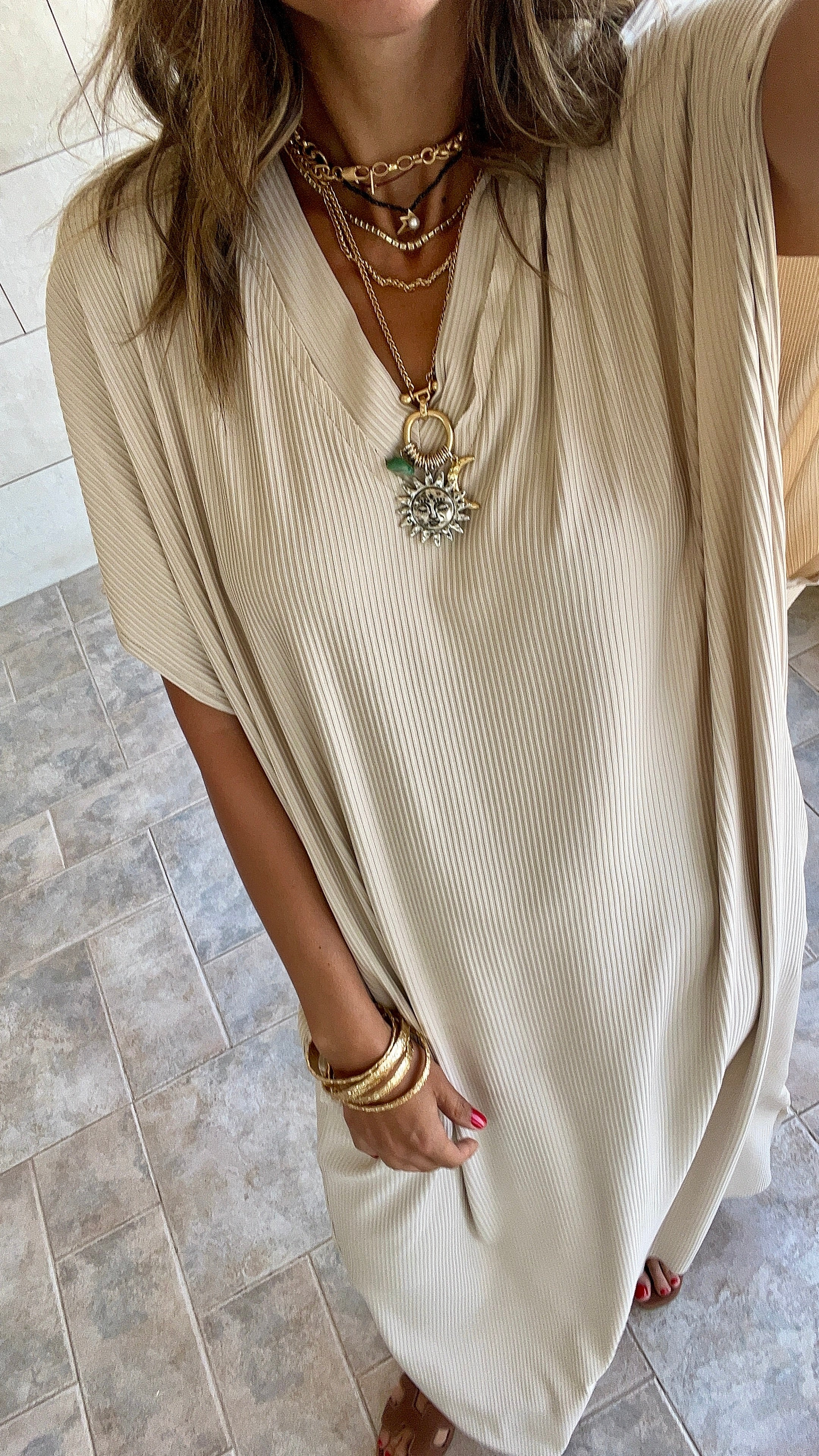 Beige Ribbed Flowy Dress