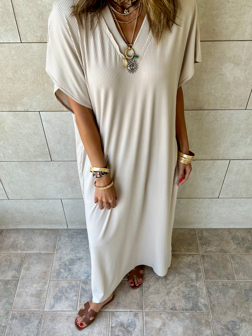 Beige Ribbed Flowy Dress