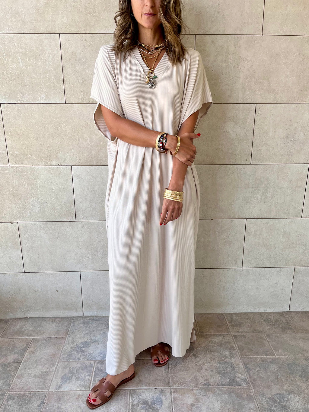 Beige Ribbed Flowy Dress