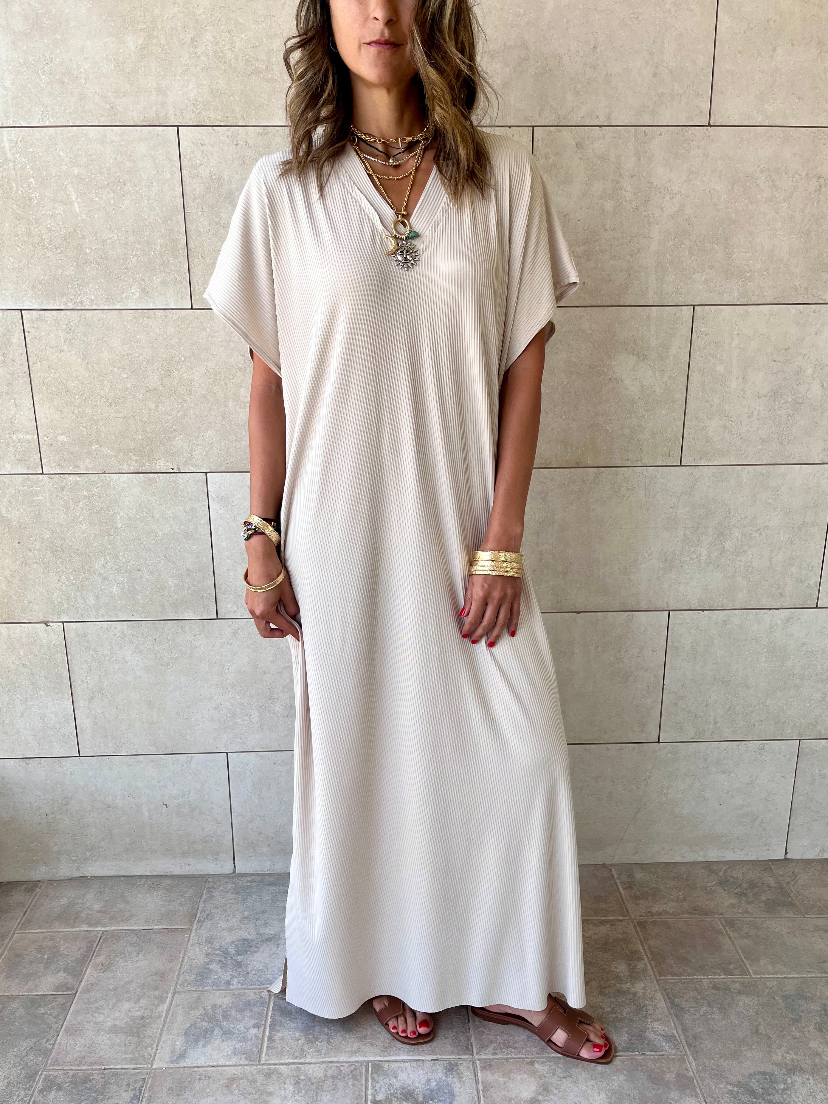 Beige Ribbed Flowy Dress