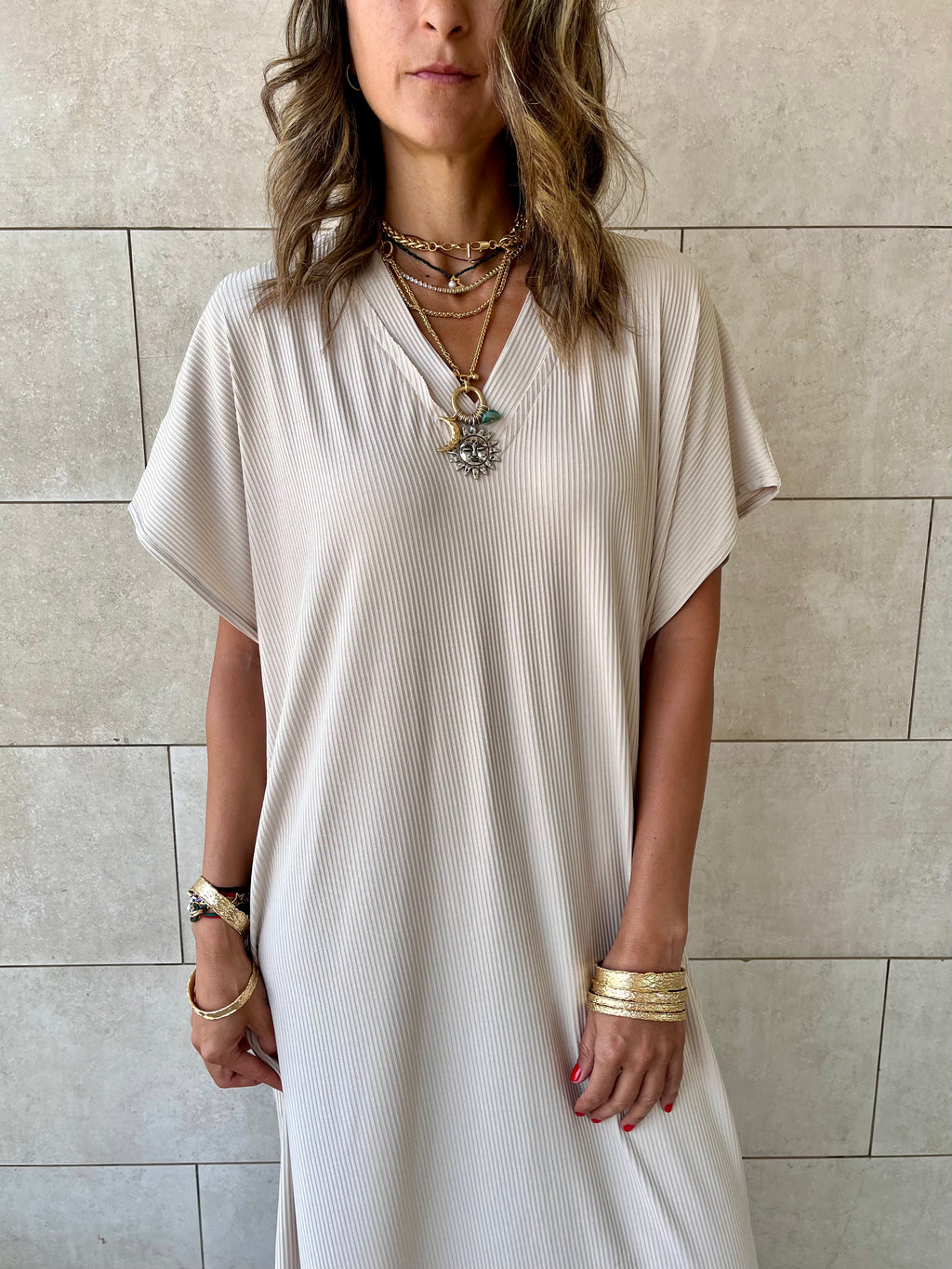 Beige Ribbed Flowy Dress